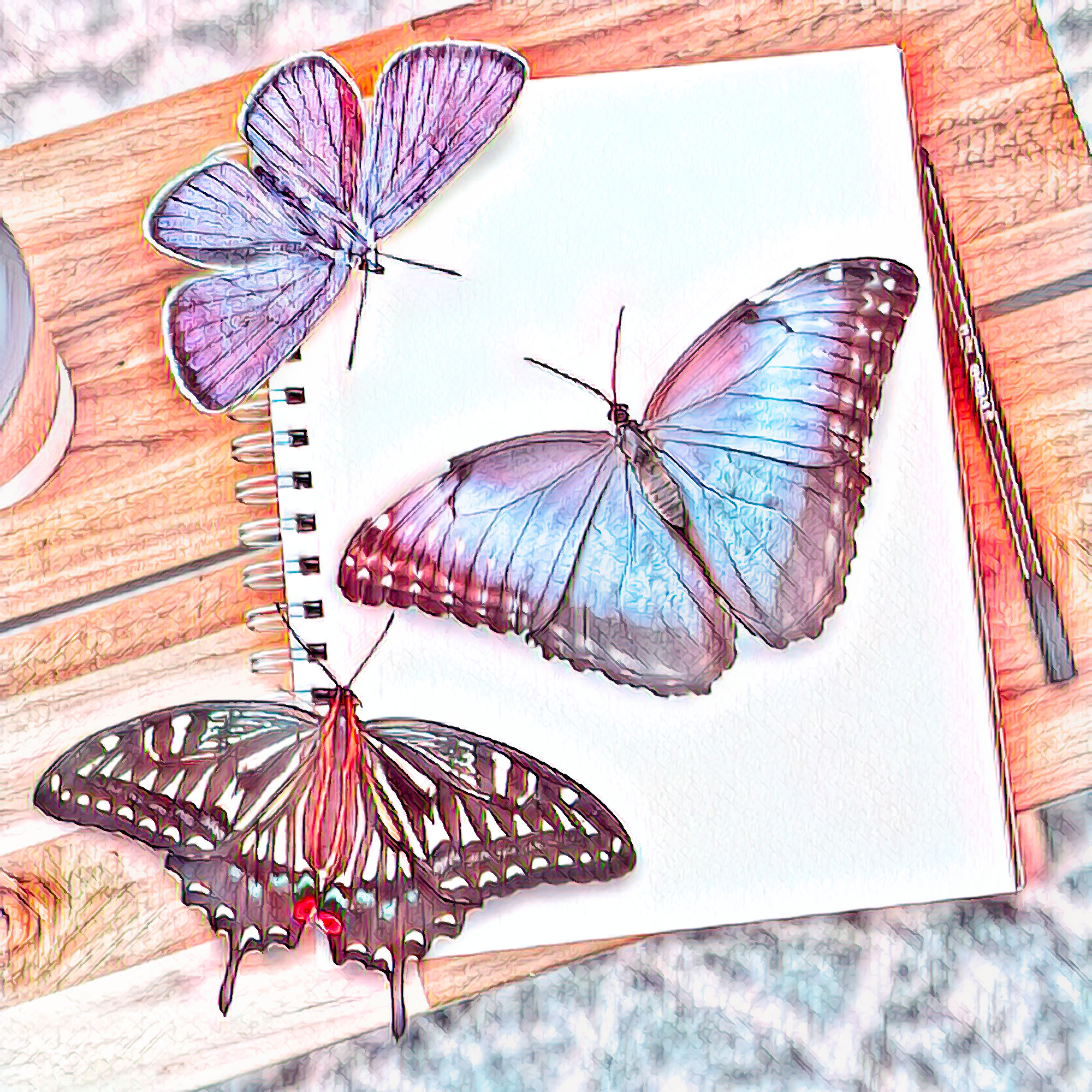 机の蝶とノートと色鉛筆風リアルなイラスト 色鉛筆