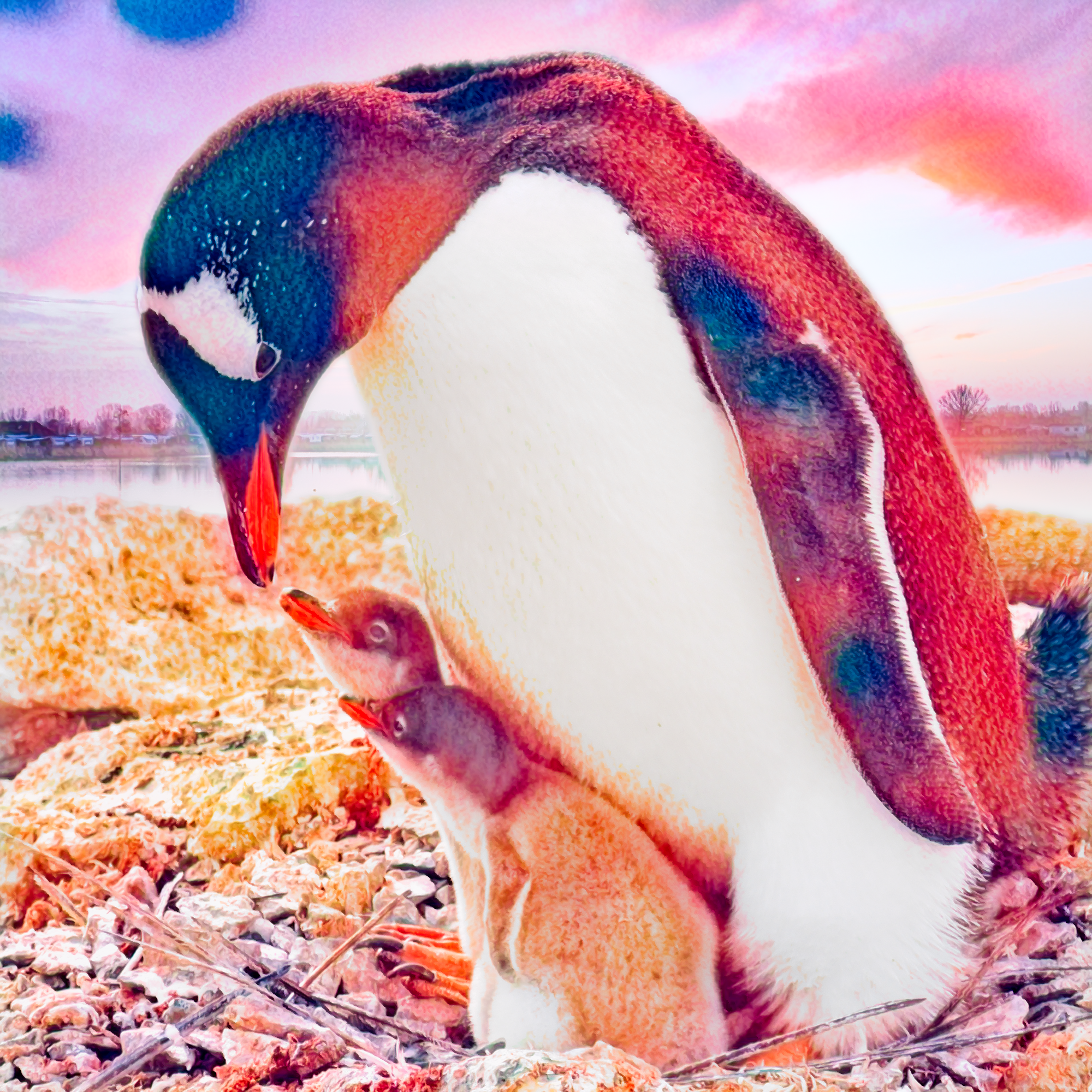 無料イラスト 背景画像素材 ペンギンの親子と家族と夕日のかわいい北極と南極の動物 Free Illustlation くりえいてぃぶ
