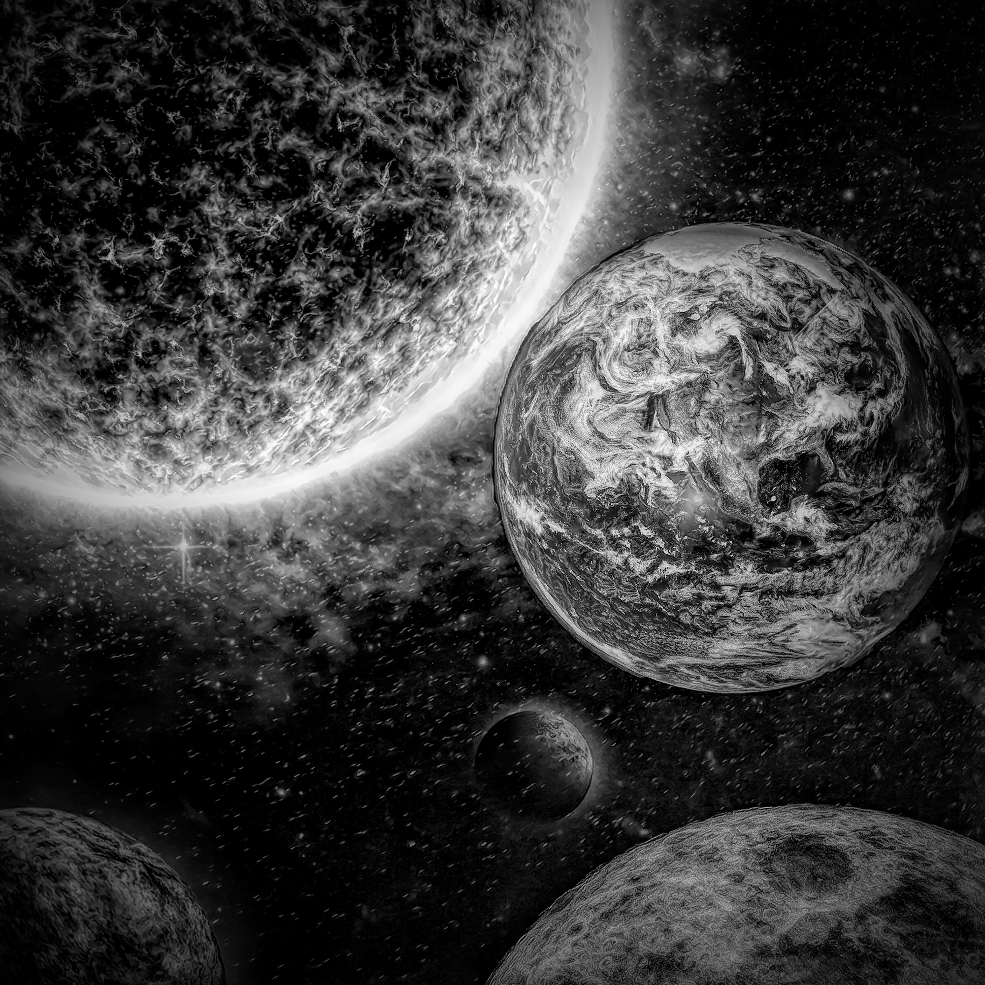 SF宇宙＆キラキラきれいな星と惑星：太陽と惑星モノクロ