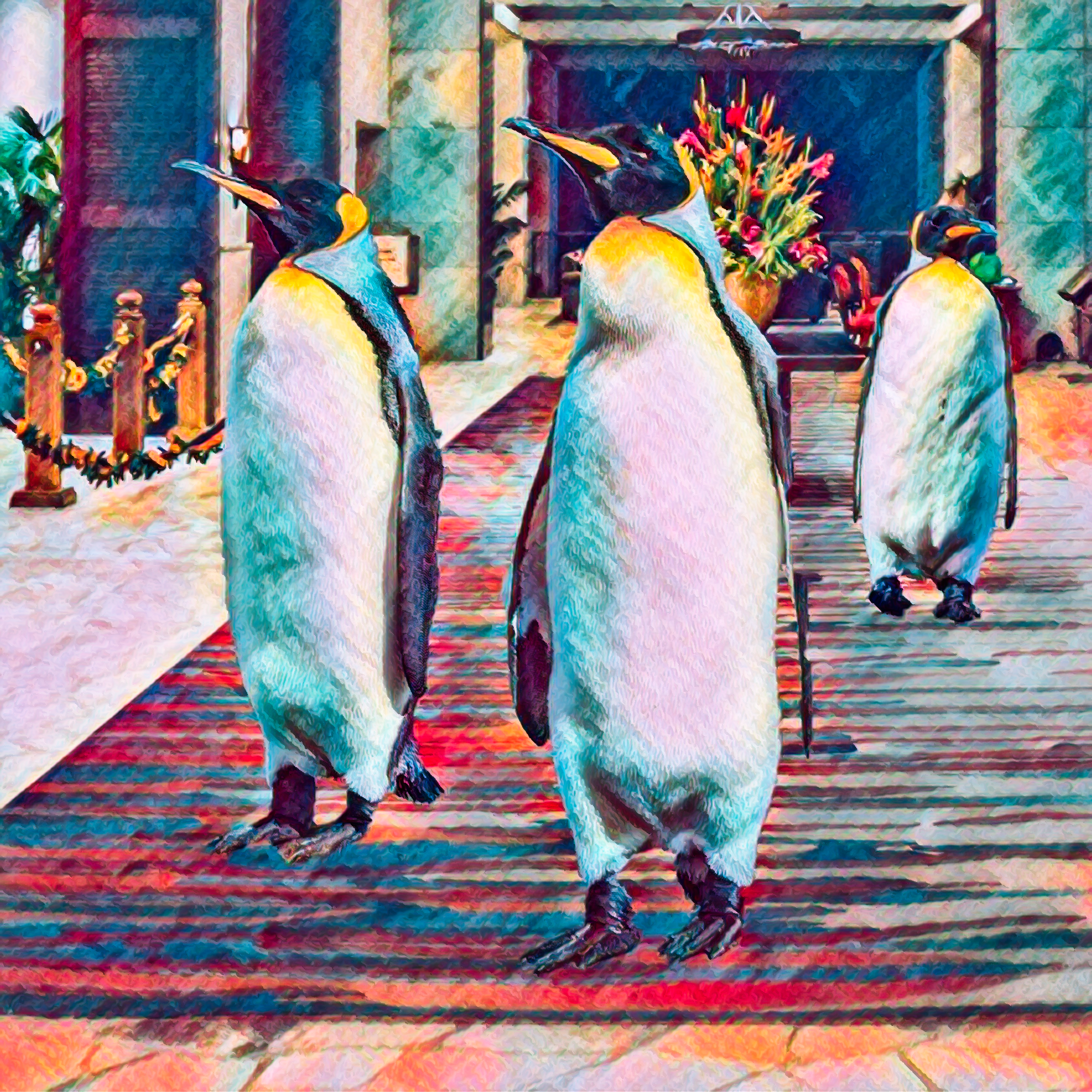 ペンギンの親子と家族と夕日のかわいい北極と南極の動物 旅行イラスト