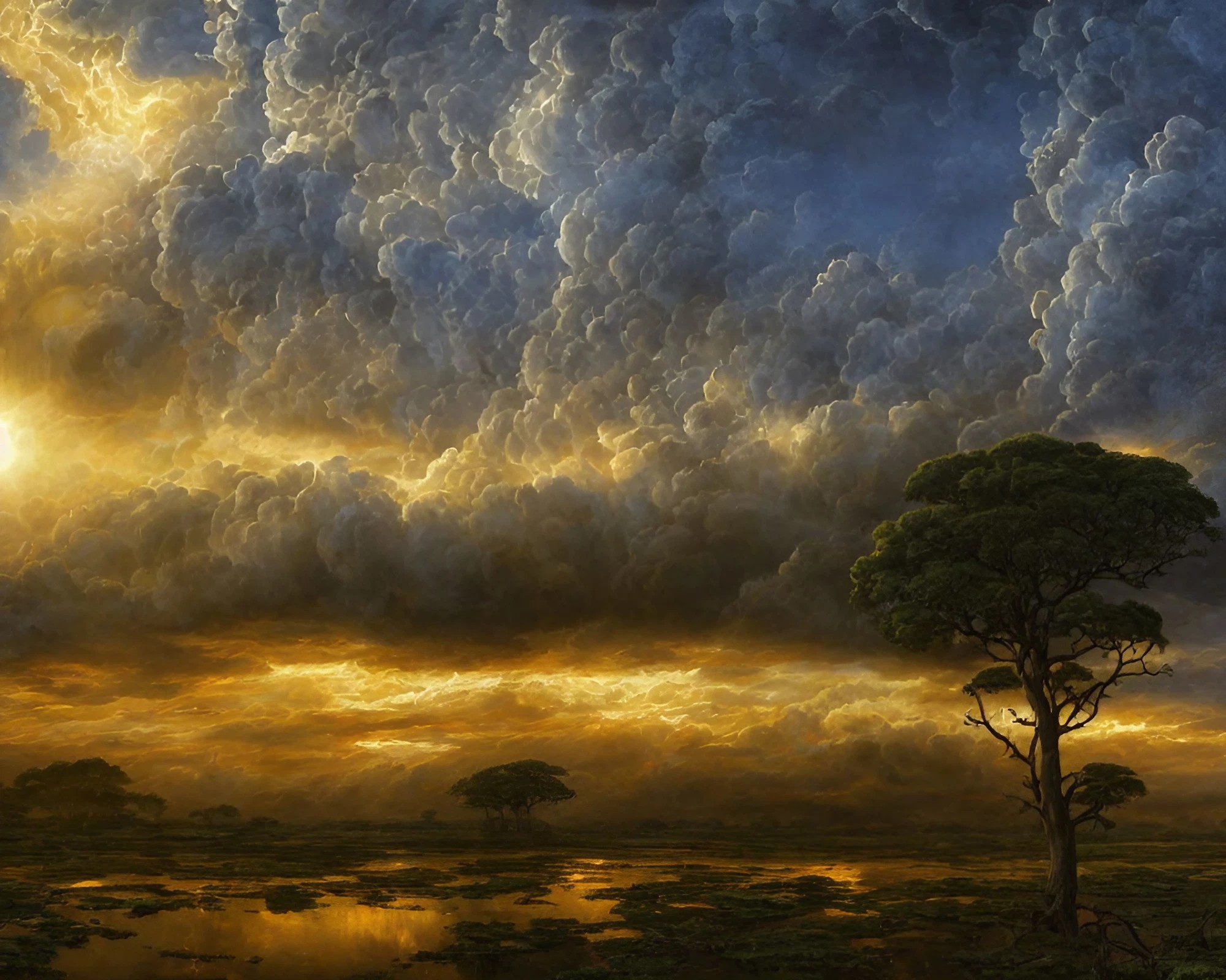 夕暮れと川と巨大な雲と巨大な雷のリアル無料壁紙背景画像