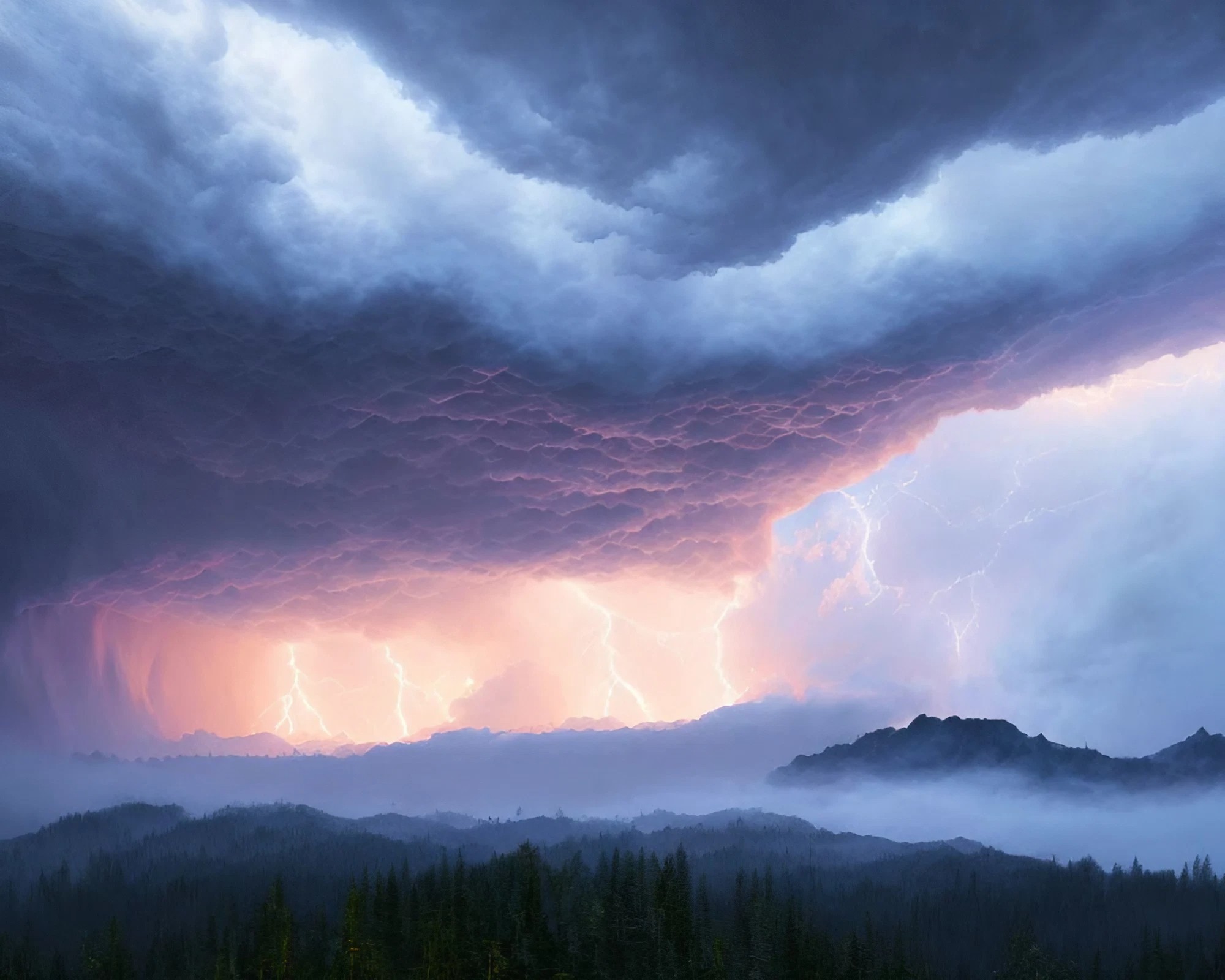 朝霧の中の大自然の山々と巨大な雲と巨大な雷の無料壁紙背景画像