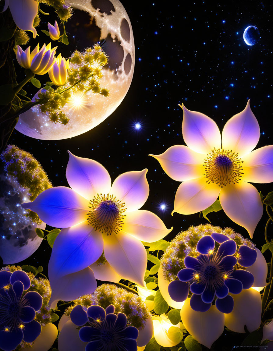 スマホ壁紙！星空と夜空に光る花のファンタジーな風景無料素材