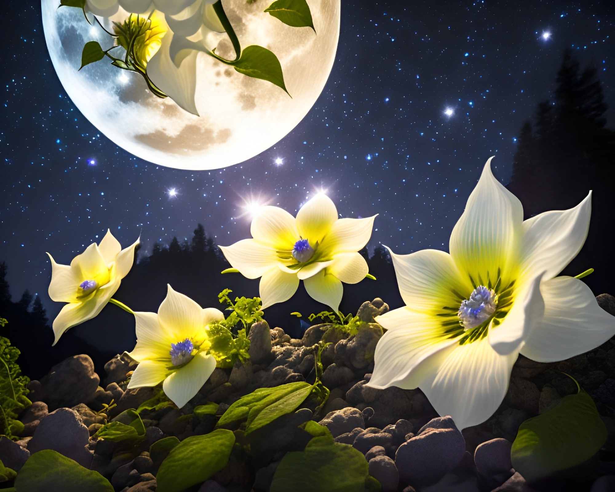 幻想的な夜空とキラキラ光り輝く花のファンタジー風景：大きな月