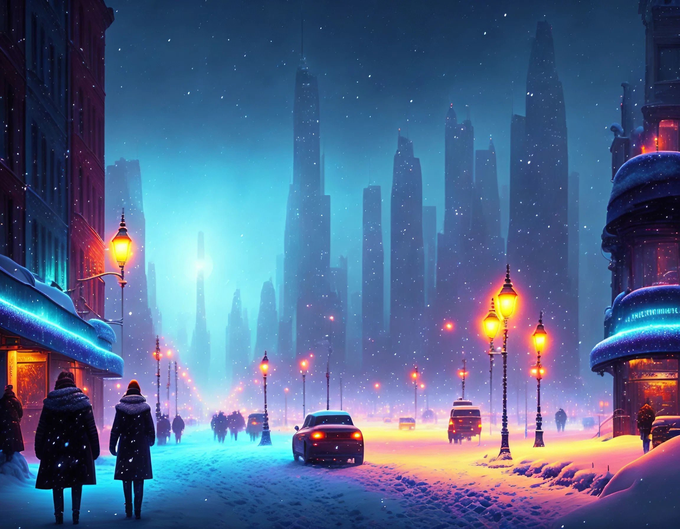 雪降るアメリカの通りを行き交う人々＆きれいな夜と街灯の街中のフリーイラスト