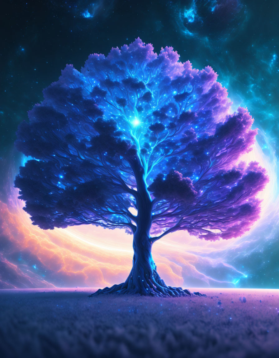 スマホ用壁紙：かっこいい幻想的な夜空とオーロラ色の巨大な木
