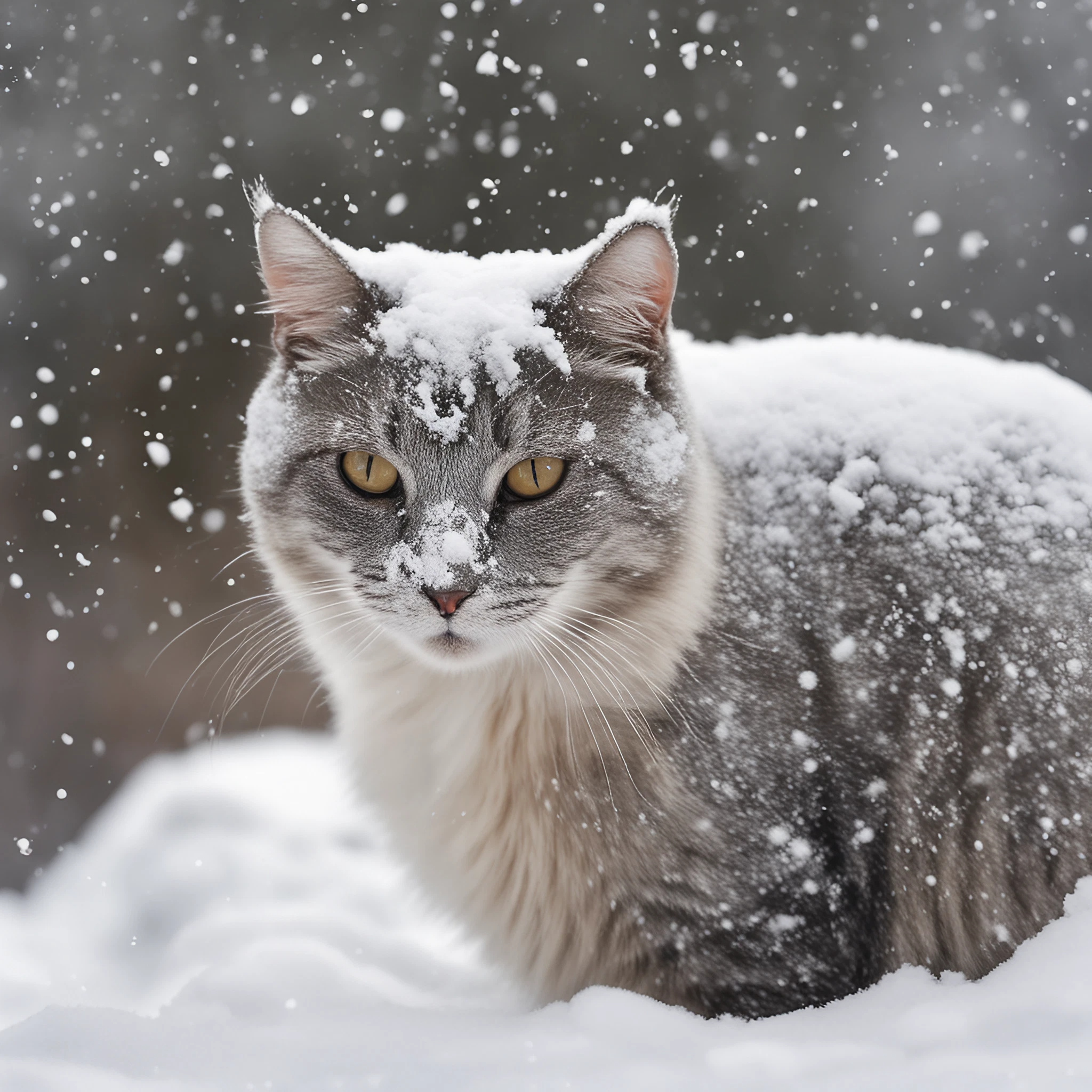 吹雪と雪の中でかっこいい鋭い目つきで睨む猫のリアル写真風フリーイラスト