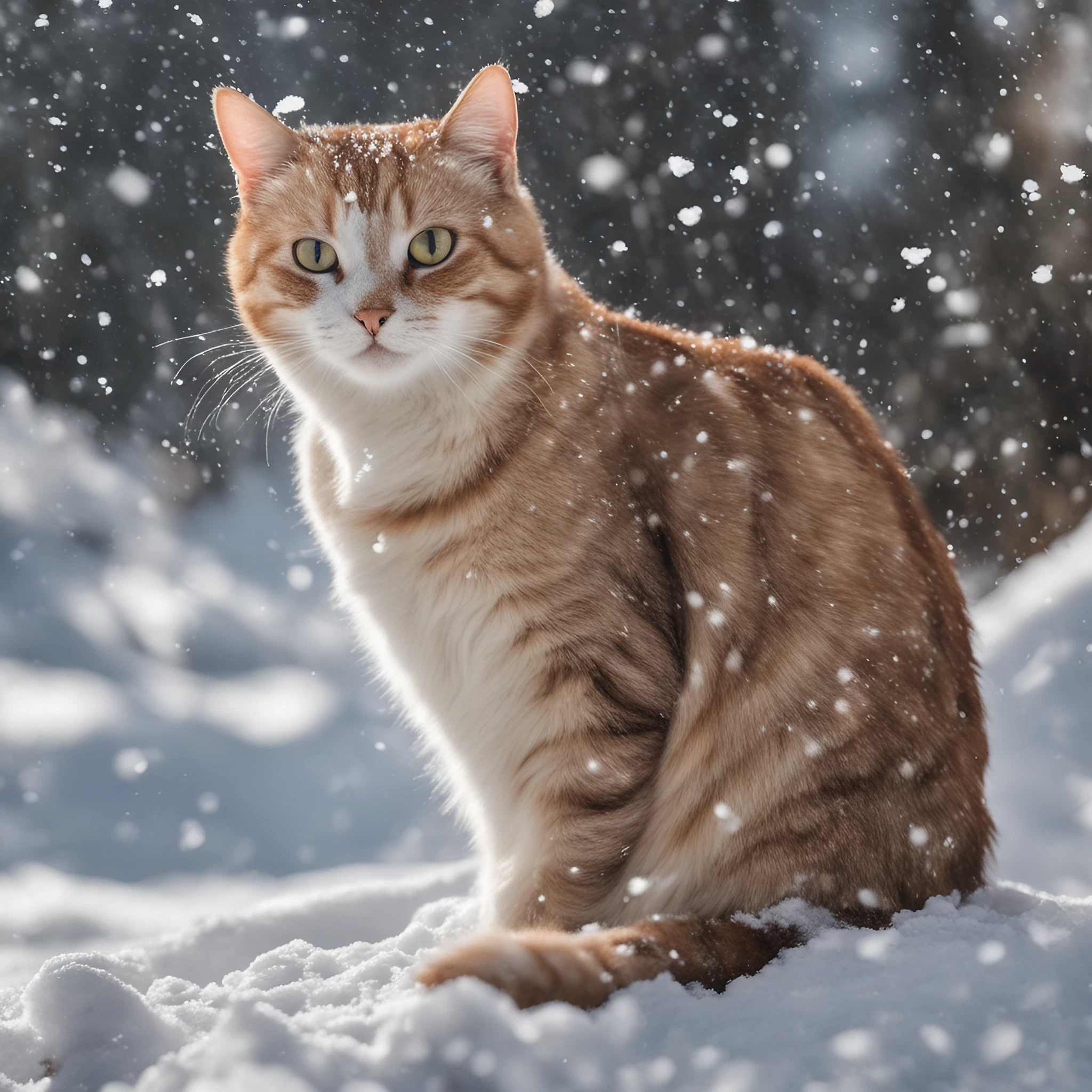 吹雪と雪の中佇むかわいい三毛猫のリアル写真風フリーイラスト