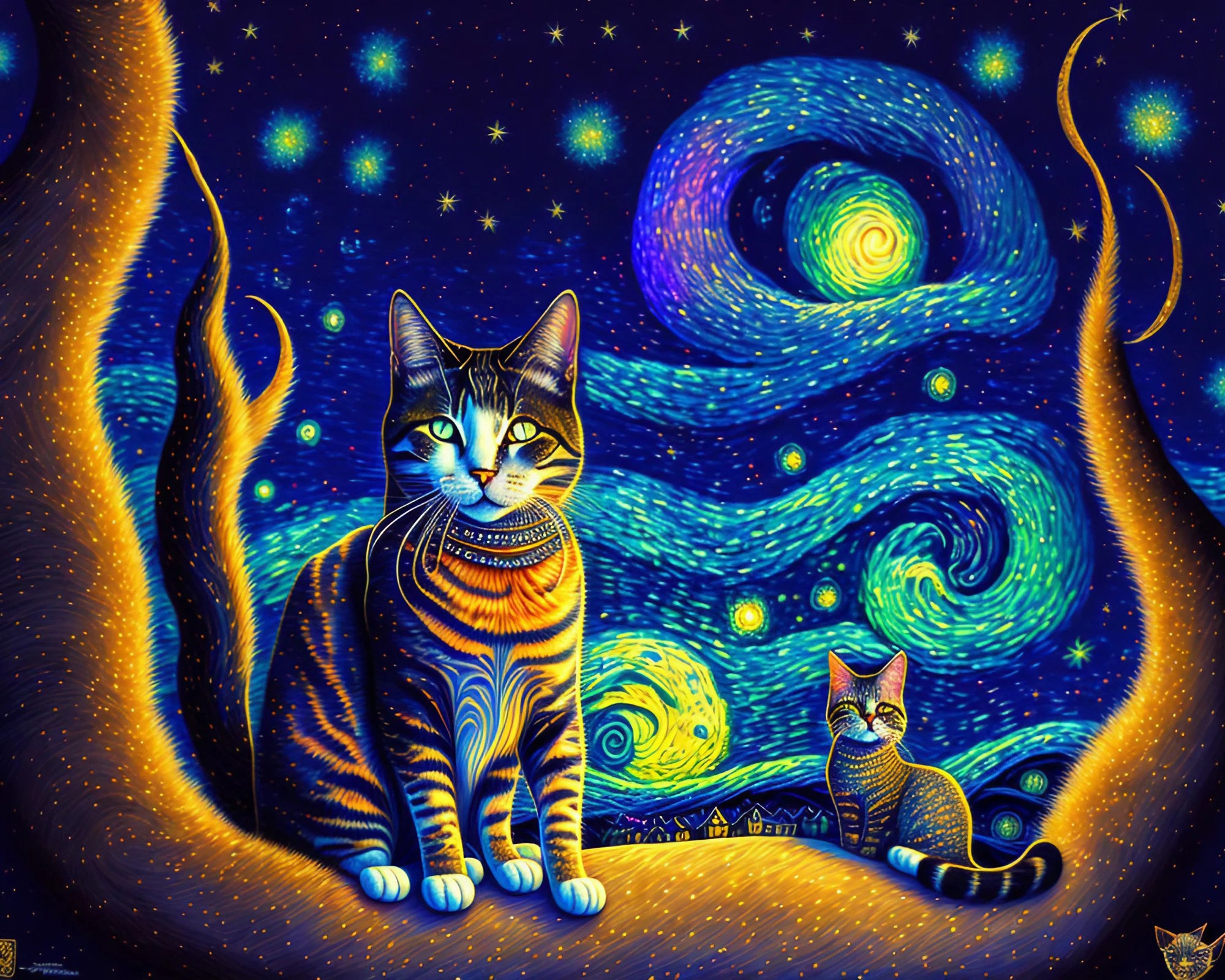神秘的な夜空と星空＆魔法の世界の子猫のアクリルアート絵画