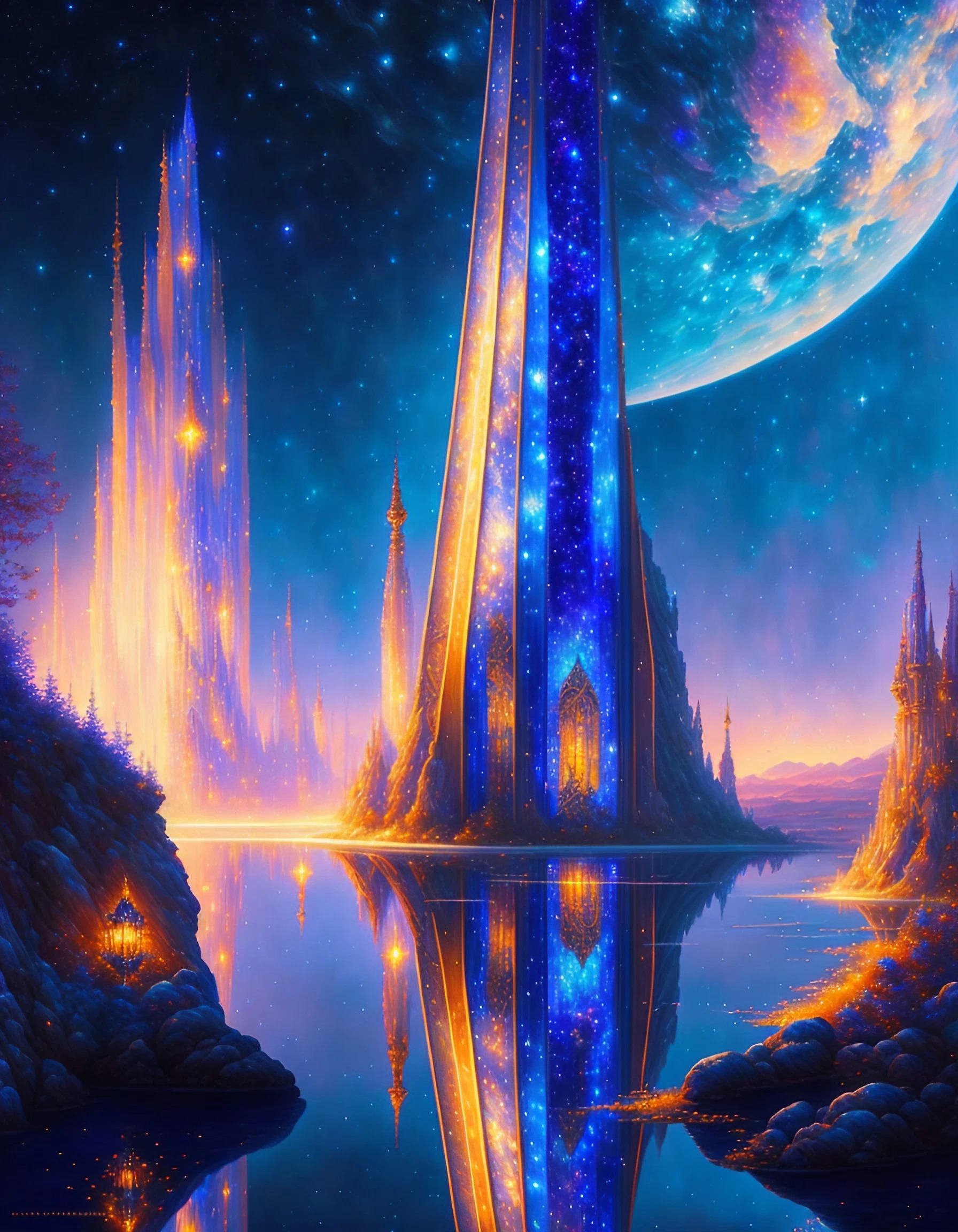 スマホ壁紙：光り輝くかっこいい魔法の塔とファンタジーでメルヘンな夜空