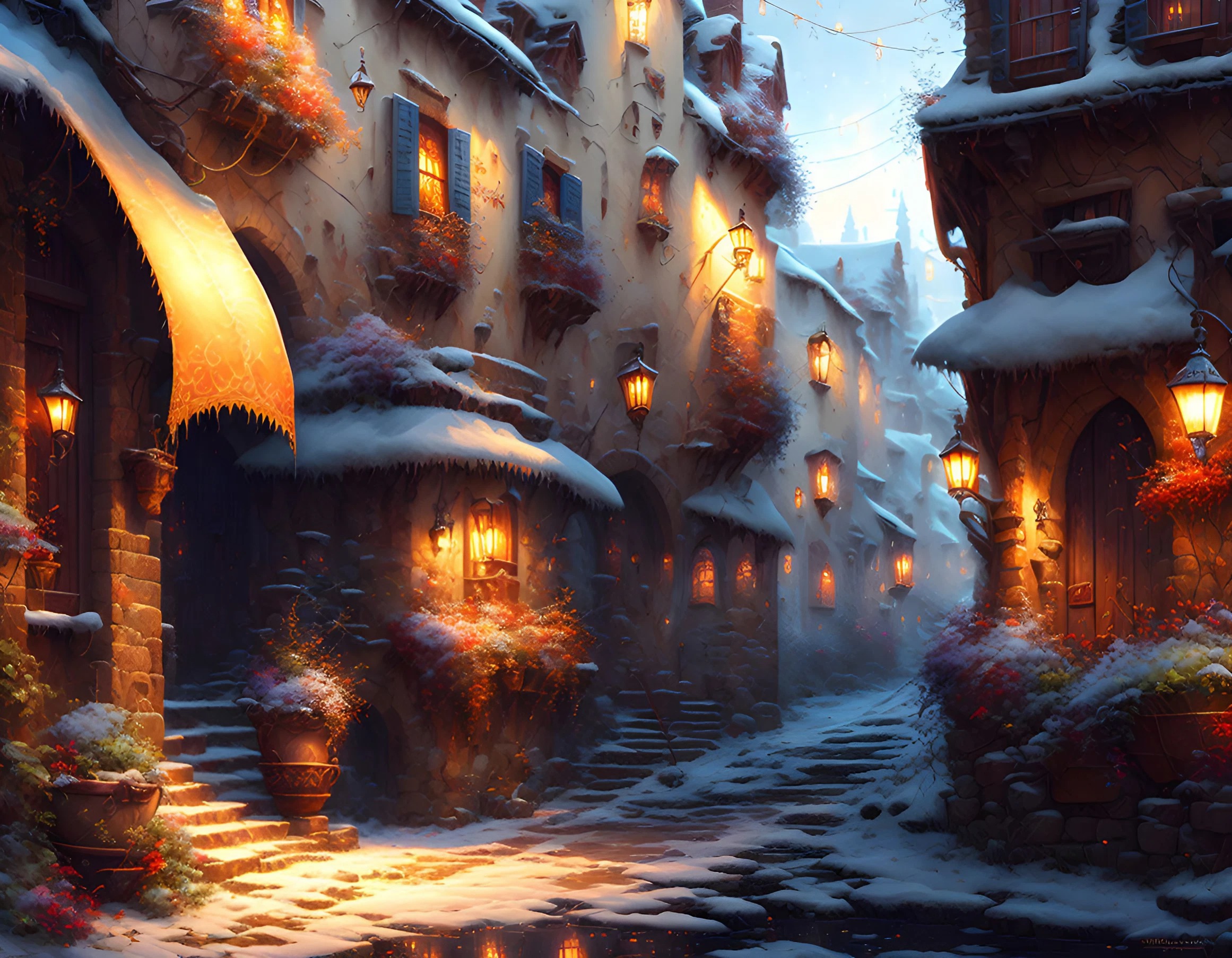 ファンタジーで幻想的な中世のヨーロッパの街中冬のクリスマス調