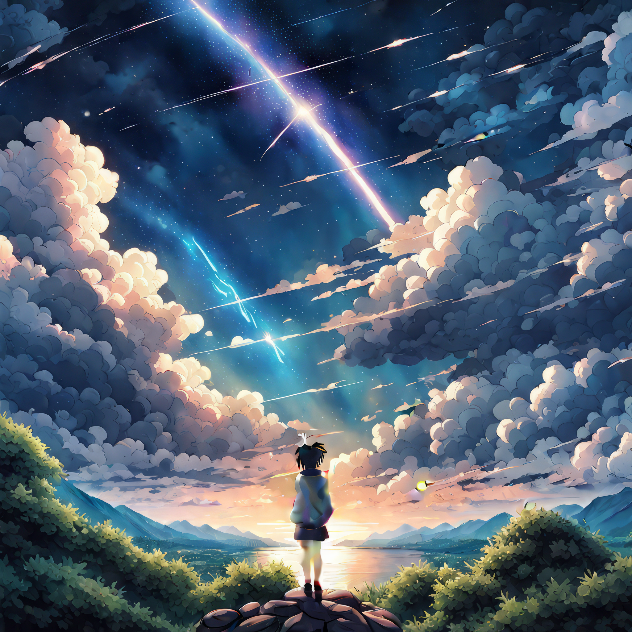 丘の上の美しい星空＆流れる雲を見つめる少女と夕日のフリーイラスト壁紙素材