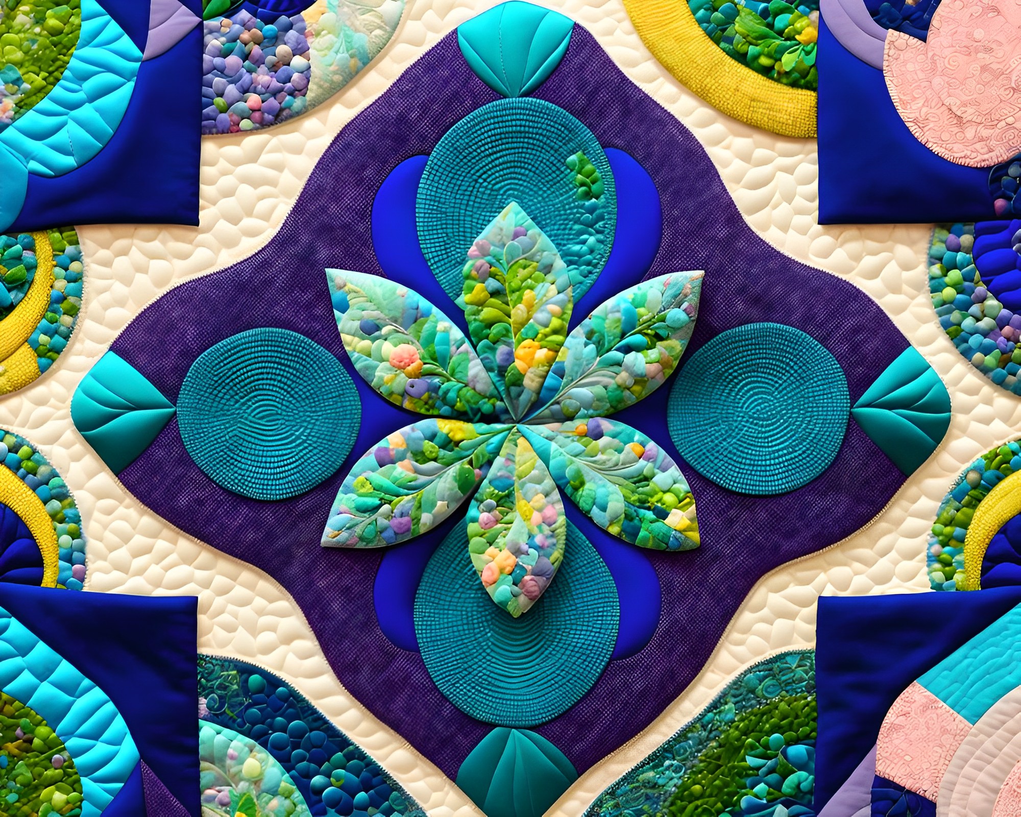 手縫いの緑の花と植物のおしゃれなパッチワークの写真風の背景素材