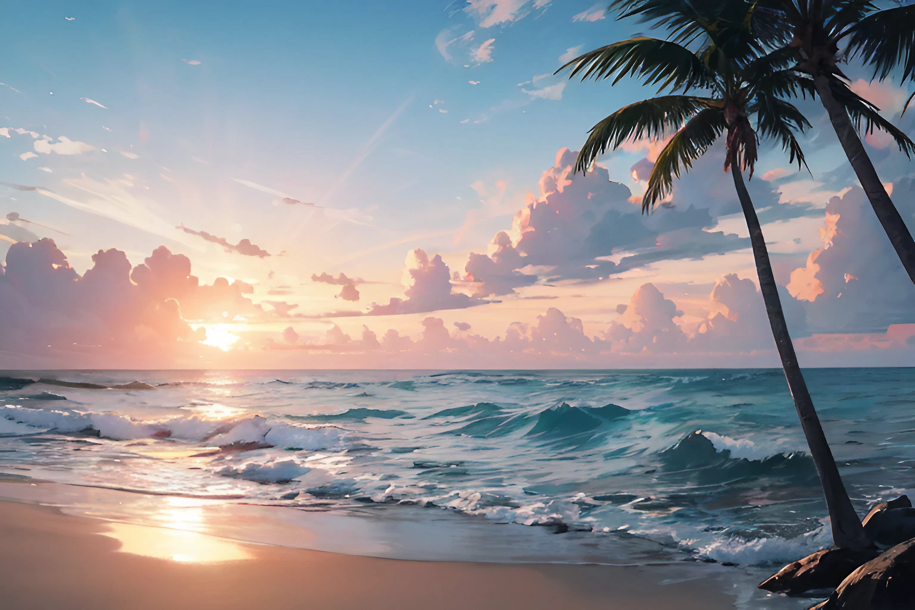 美しい夕日に輝く南国の海とヤシの木＆きれいな浜辺の無料壁紙画像素材