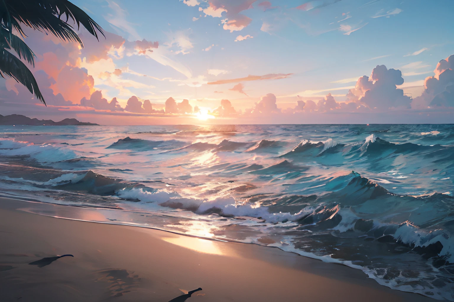 美しい夕日に輝く浜辺と海＆きれいな波のリアル絵画の無料壁紙画像