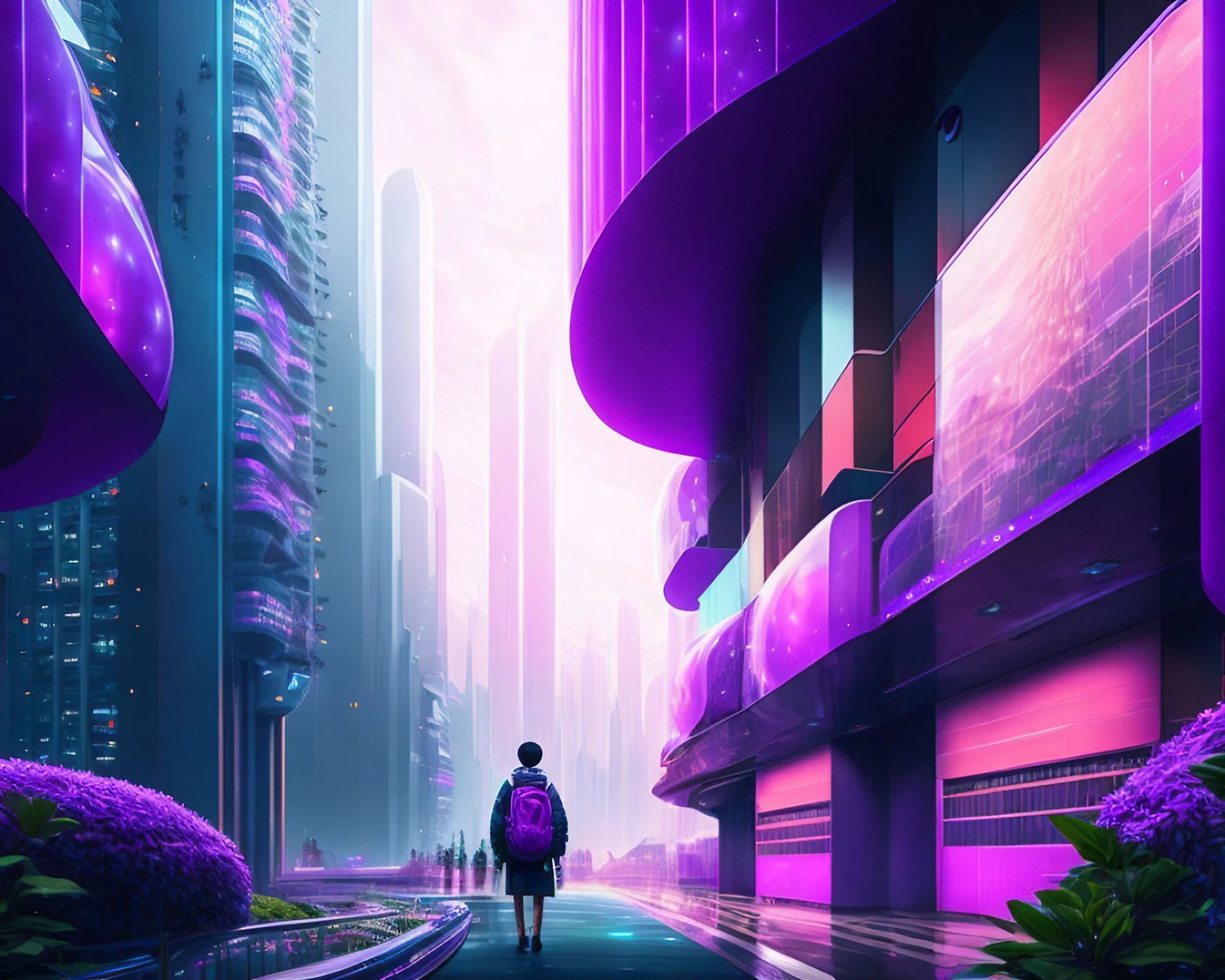 近未来のSFシティを歩くサイバー風の少年と高層ビルの風景の無料背景画像
