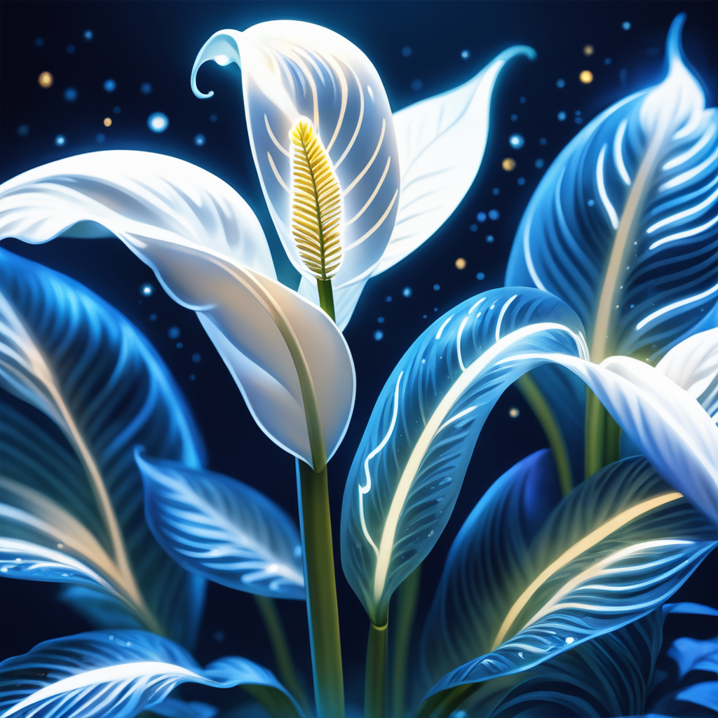 美しくかっこいい夜に青く光るユリの花＆綺麗に輝く植物のリアルなフリーイラスト