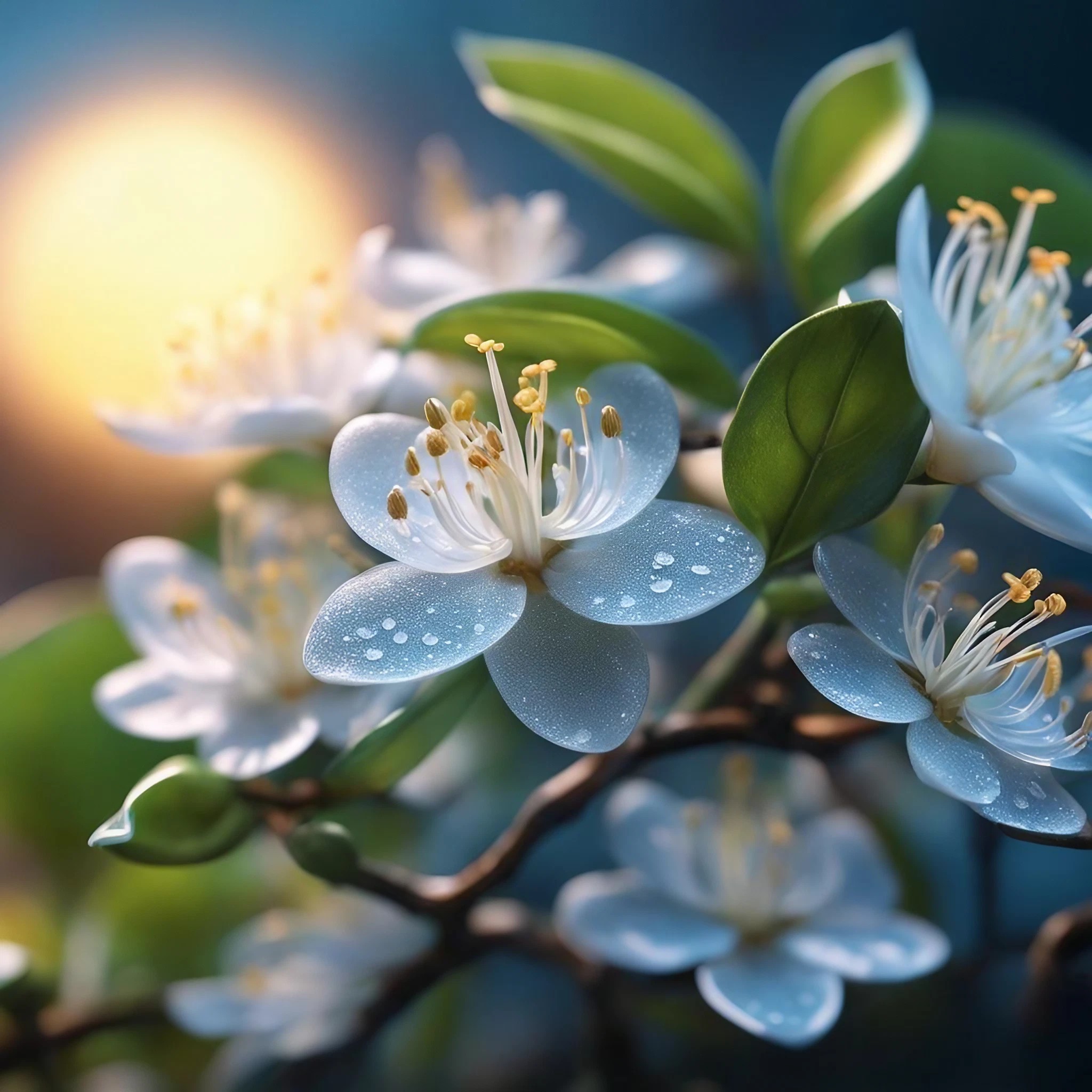 美しく綺麗な白い花＆雨の雫に光る風景のリアル写真風無料画像
