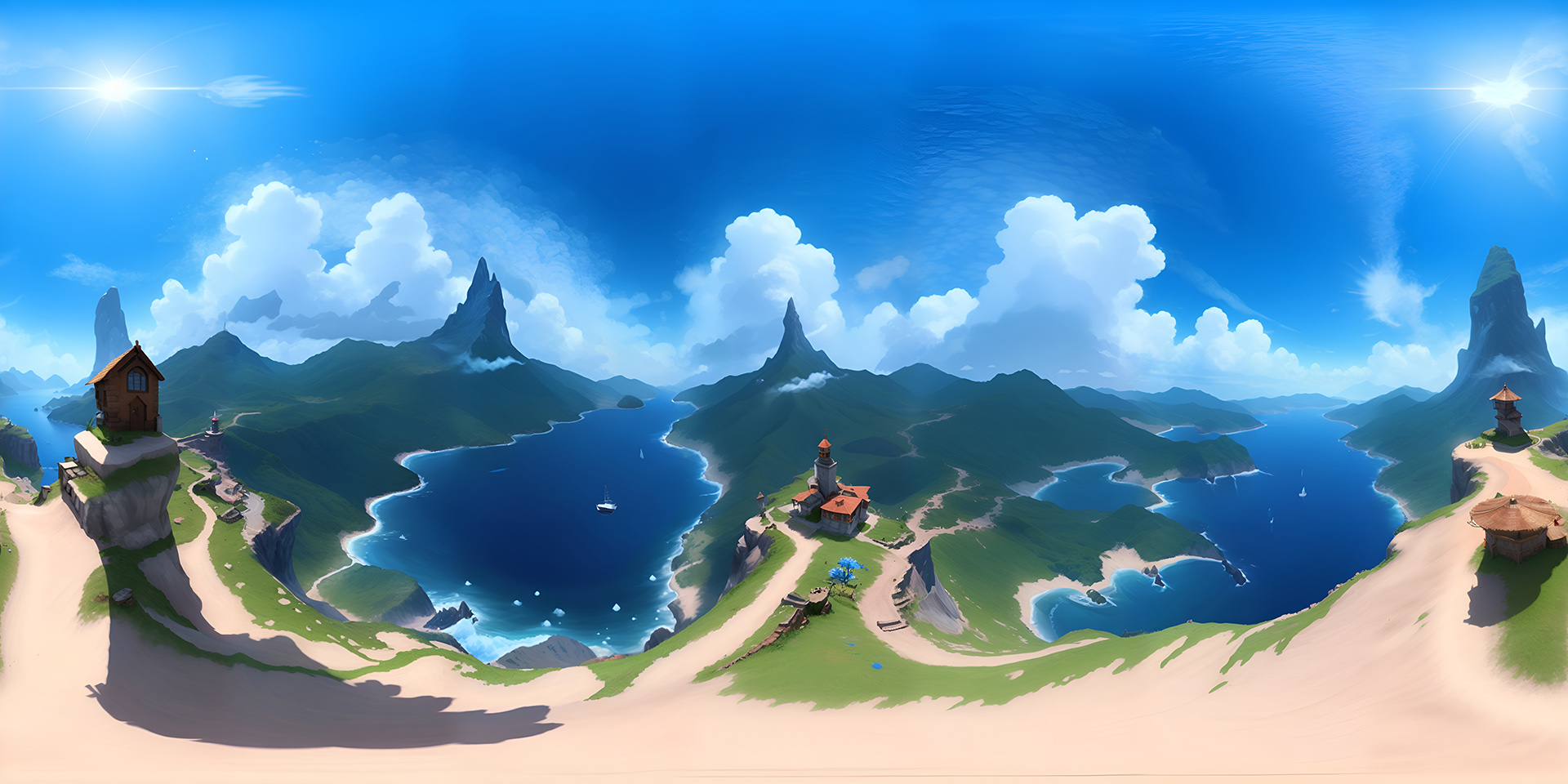 small_綺麗な海と山と青い海＆西洋の小屋_大自然のHDRI360度パノラマ背景画像