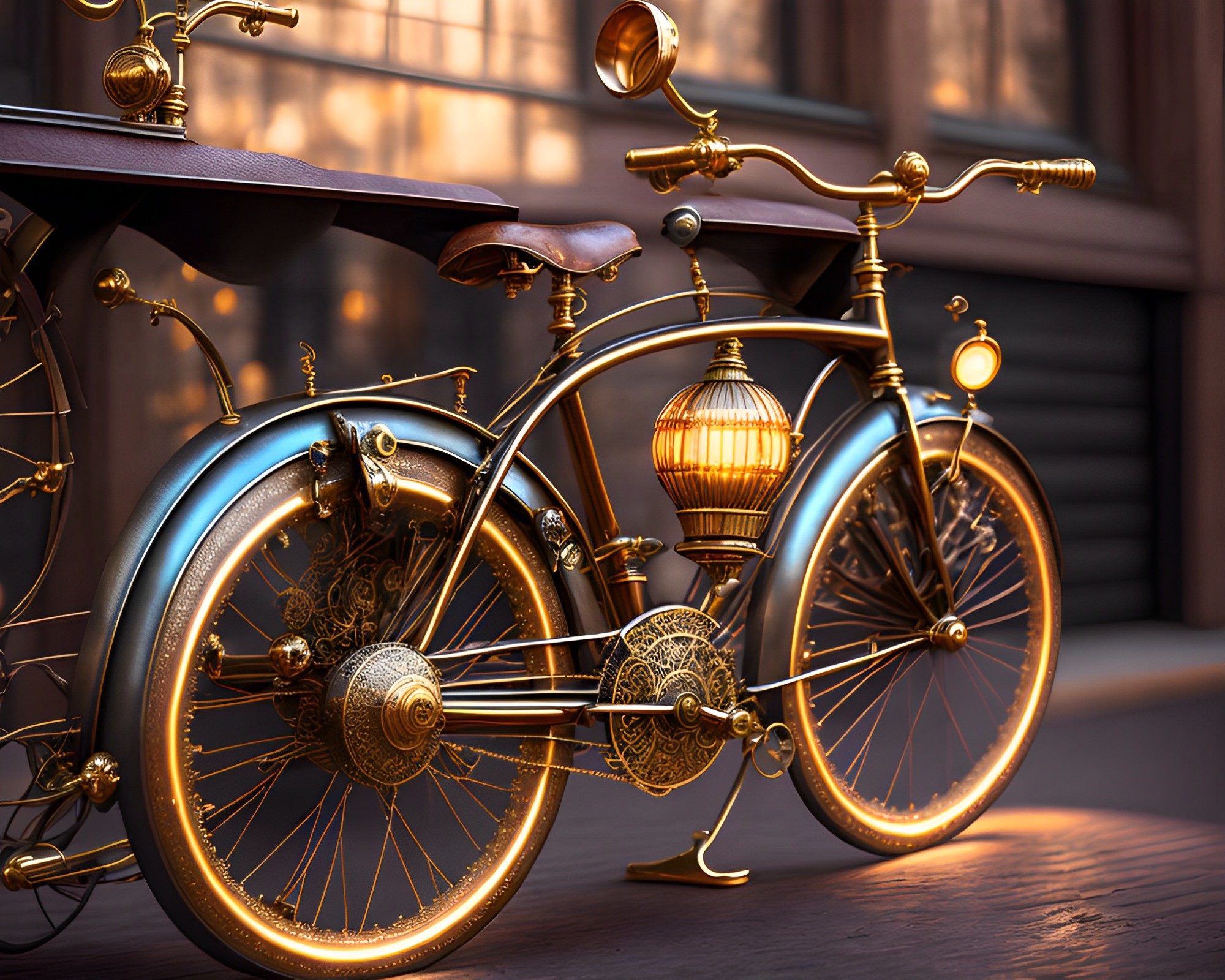 ・スチームパンク風のかっこいいゴールデン自転車と西洋の街並み