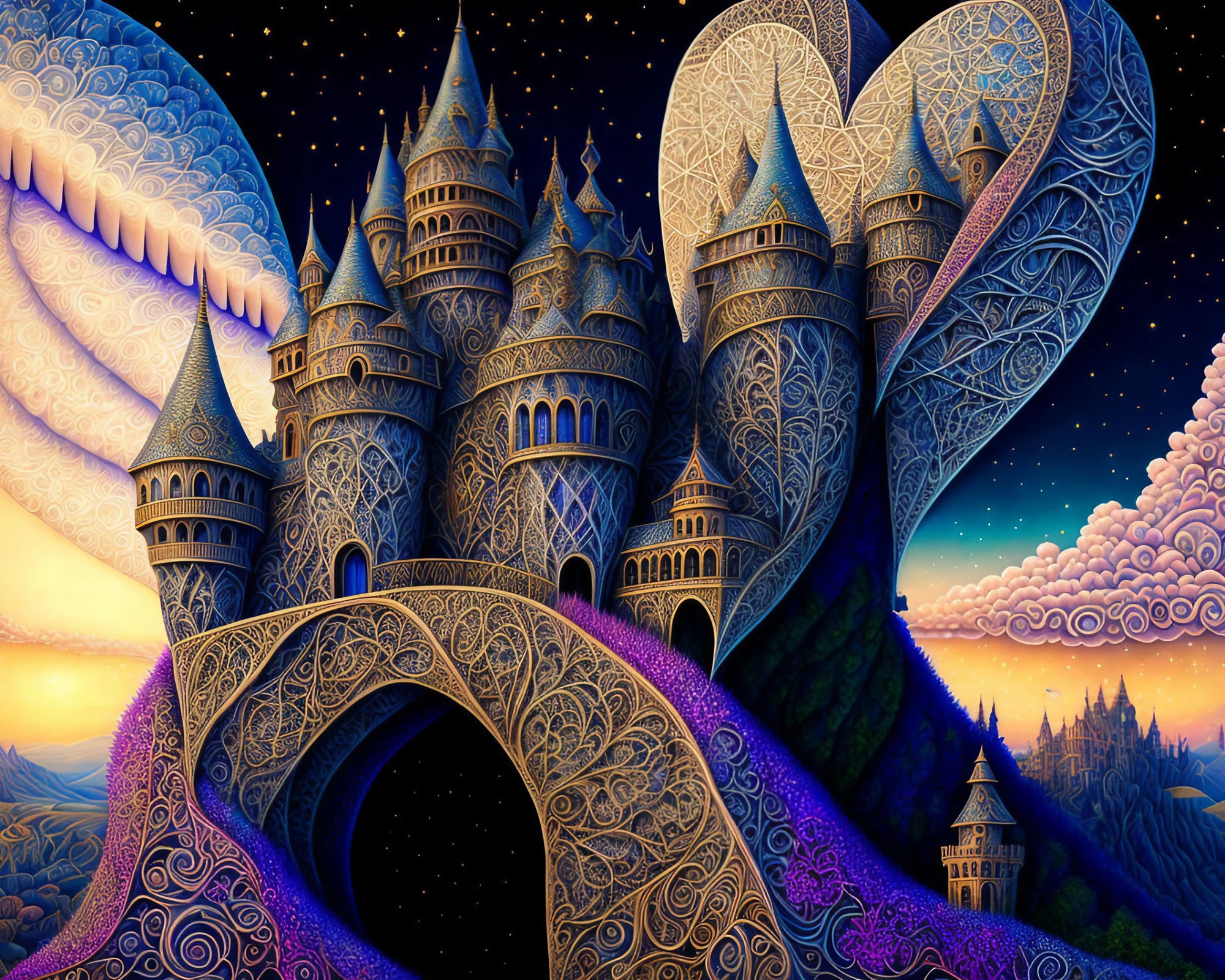 ファンタジーのかわいい魔法のお城＆編み込みハートと夜空の壁紙無料画像素材