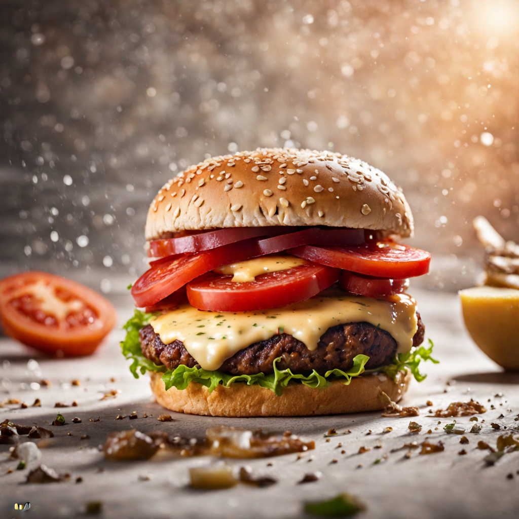 美味しそうな広告風の美しいハンバーガー＆トマトとチーズのビッグなバーガーの無料写真風素材