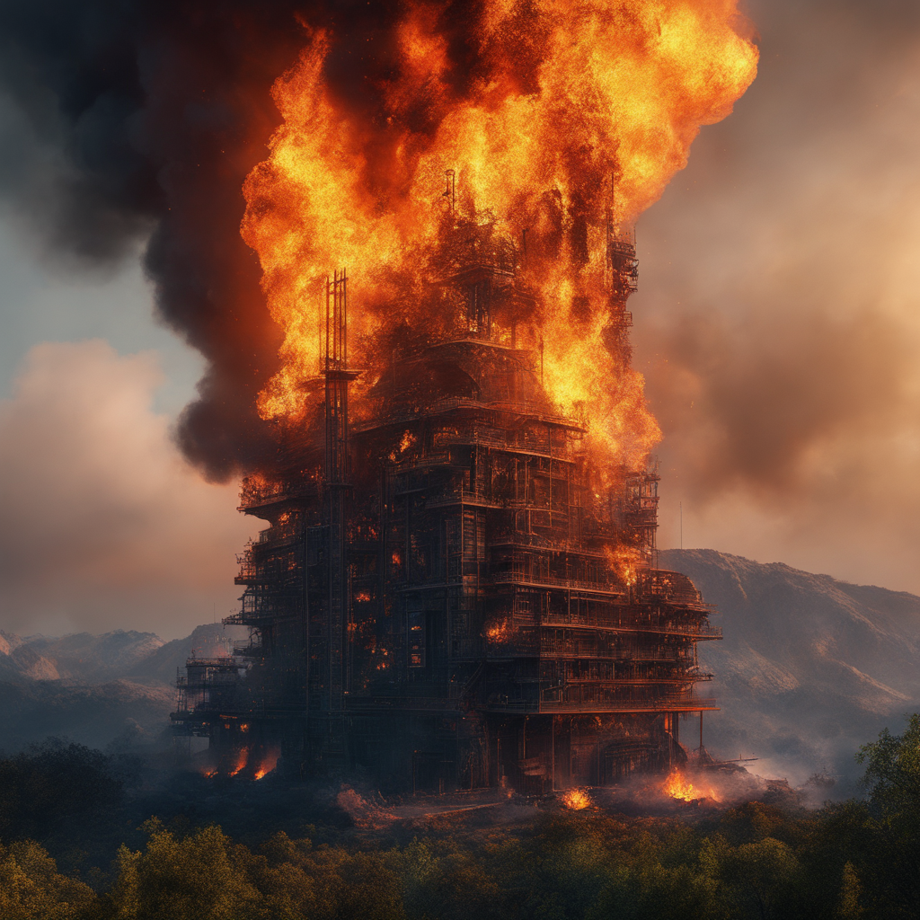 激しく燃える巨大な建物＆ビルの大火災のフリーイラスト