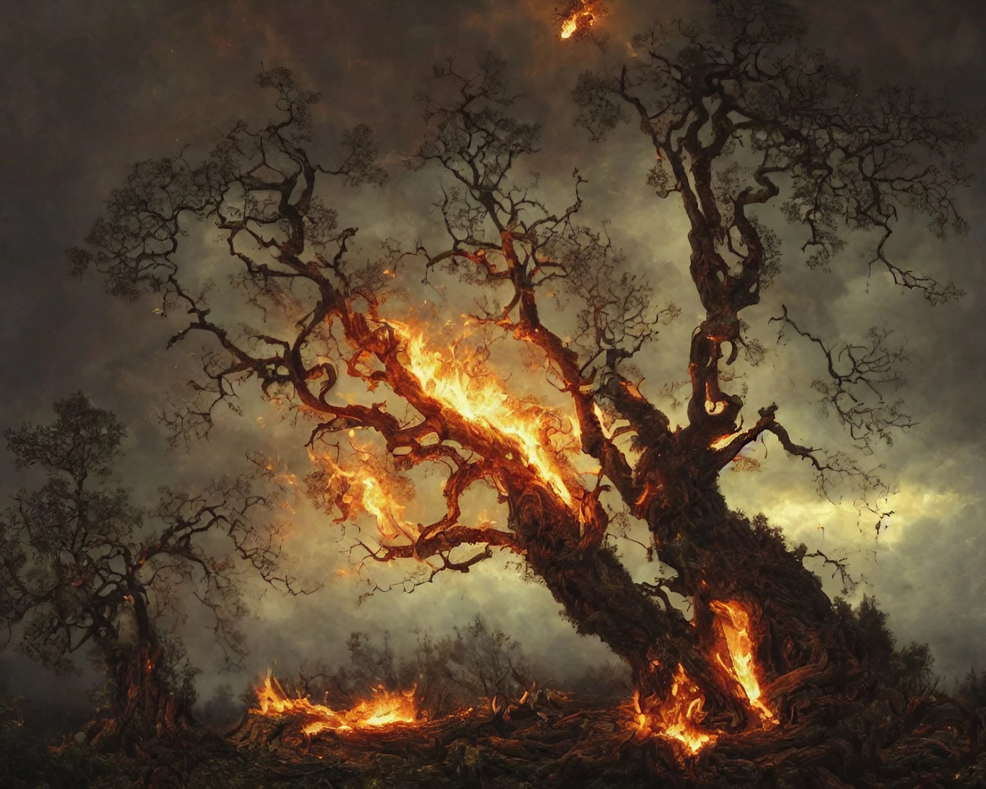 燃える大木と不気味な空のダークファンタジー壁紙背景素材