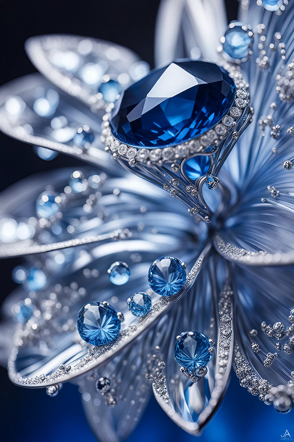 綺麗で美しい青い花の宝石＆流れる水のトパーズとサファイアの無料写真風素材