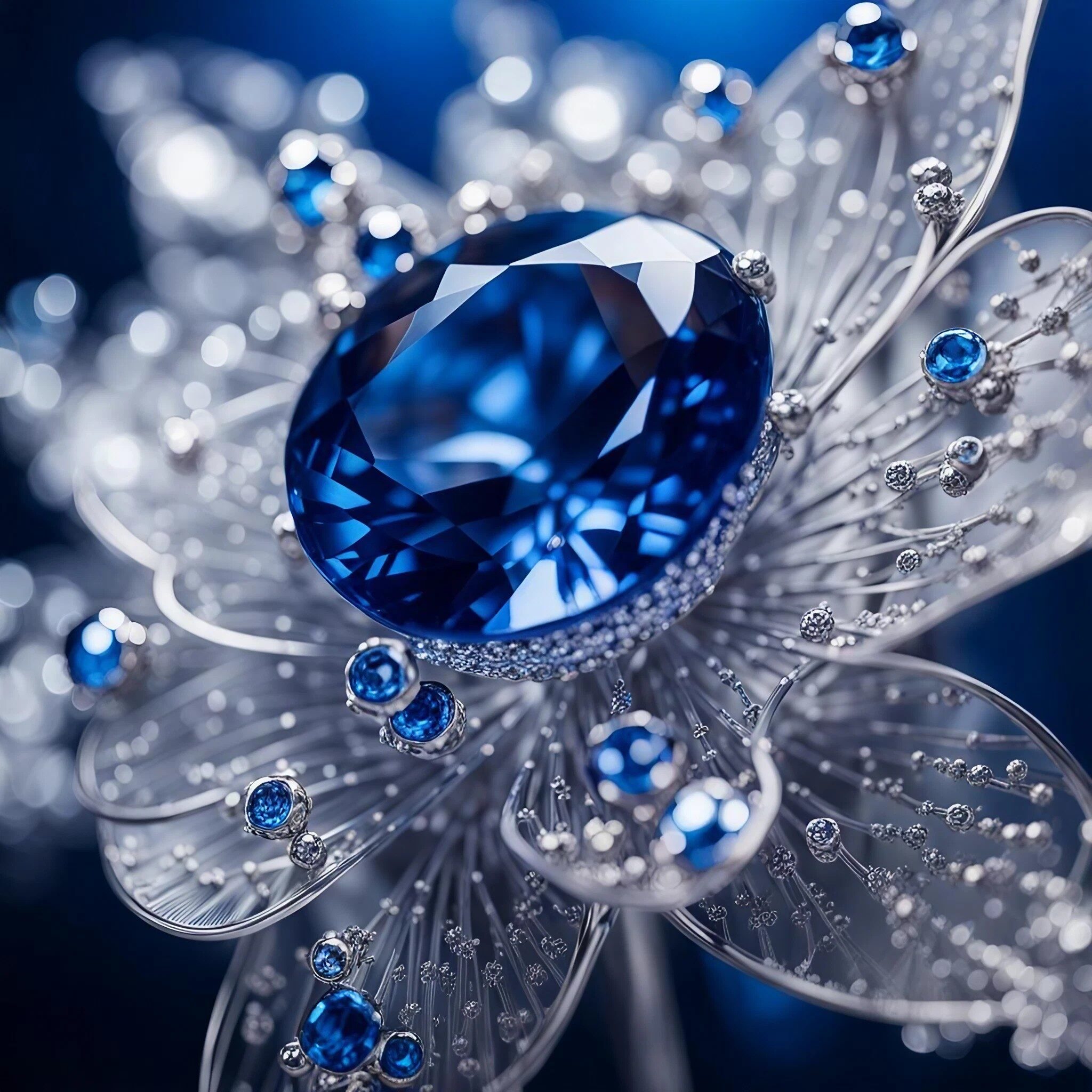 青いブルートパーズの花宝石＆綺麗で美しくかっこいいサファイアと繊細な銀細工のジュエリーのフリー写真風素材