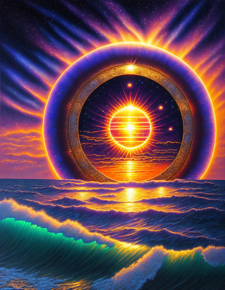 古代の神話の太陽ときれいな夜空と虹色に輝く海のアートなアクリル絵画