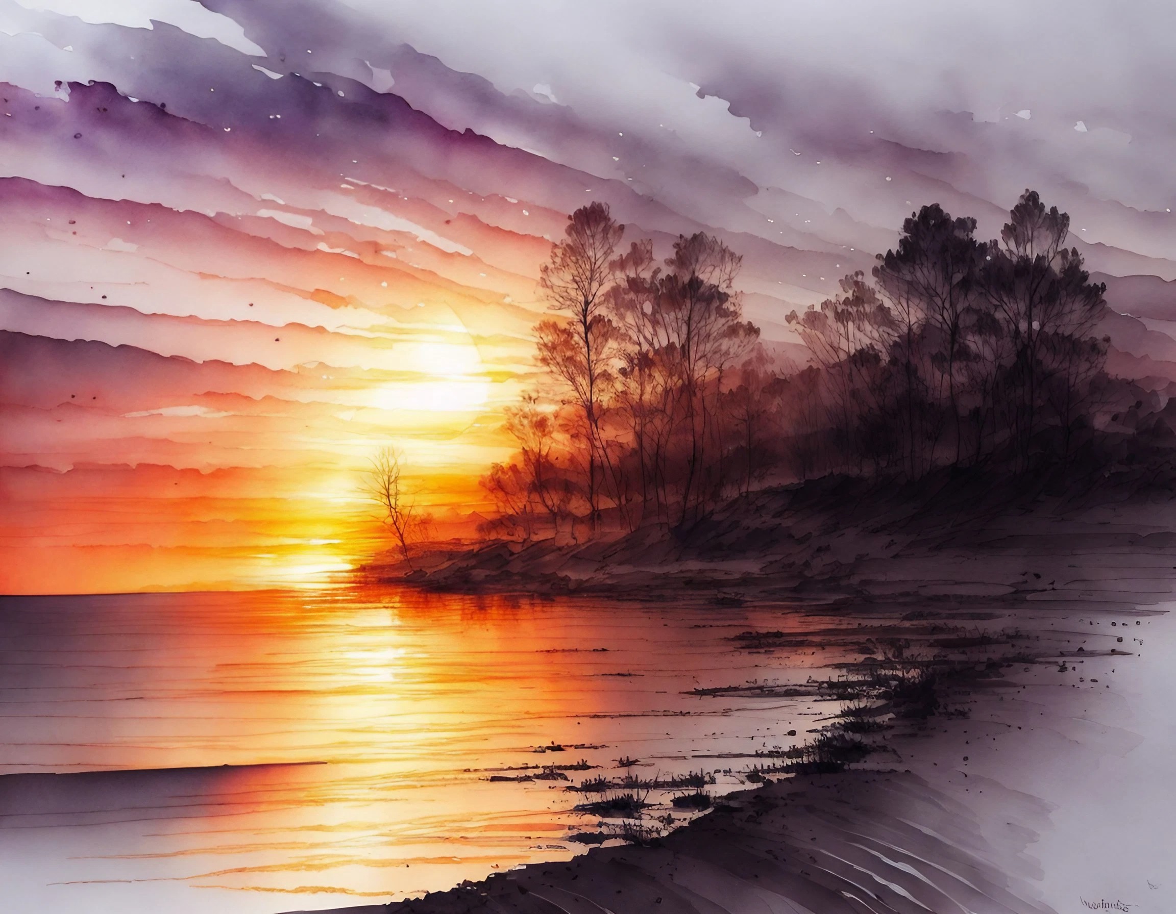 夕日に輝く浜辺の波と美しい木々の影と流れる雲の水彩画風の無料素材