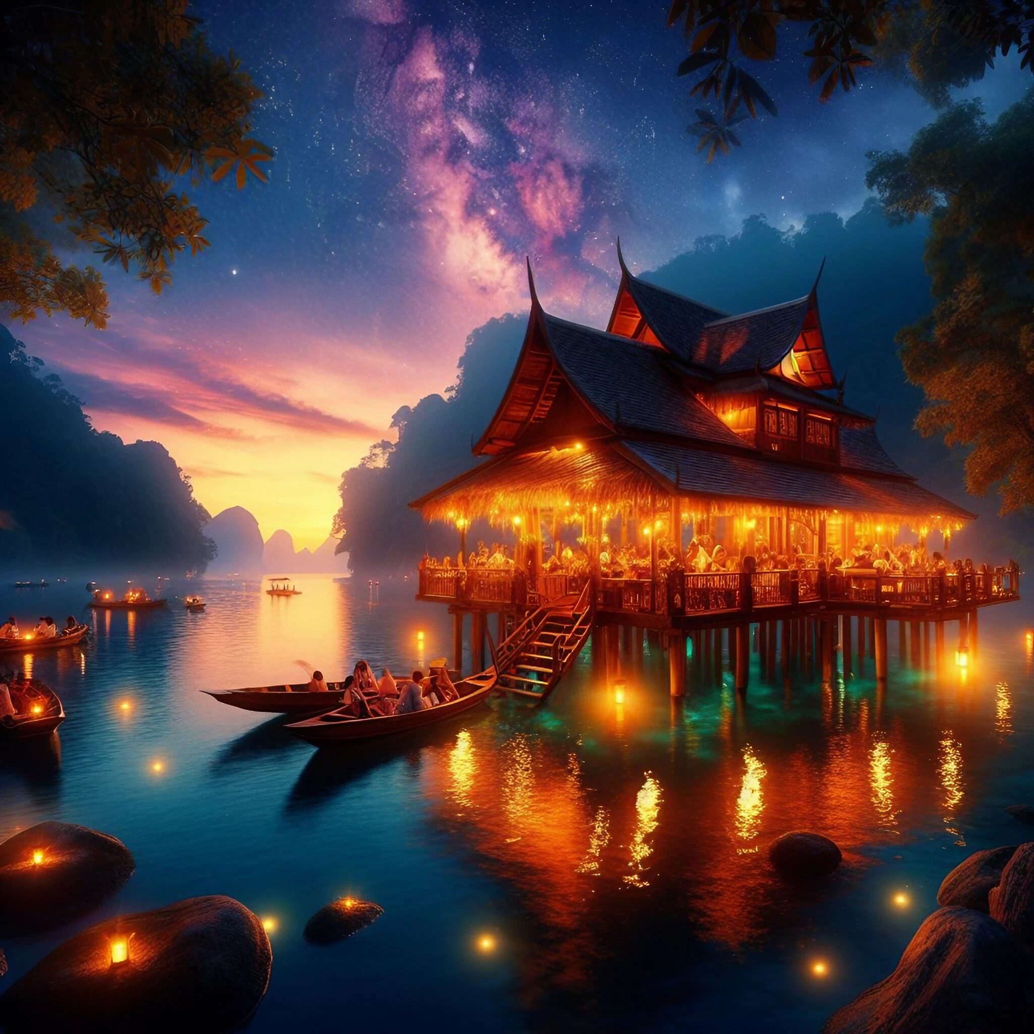 癒されるタイの夜の湖と山小屋の風景＆夕闇と炎の幻想景色の無料リアルイラスト画像