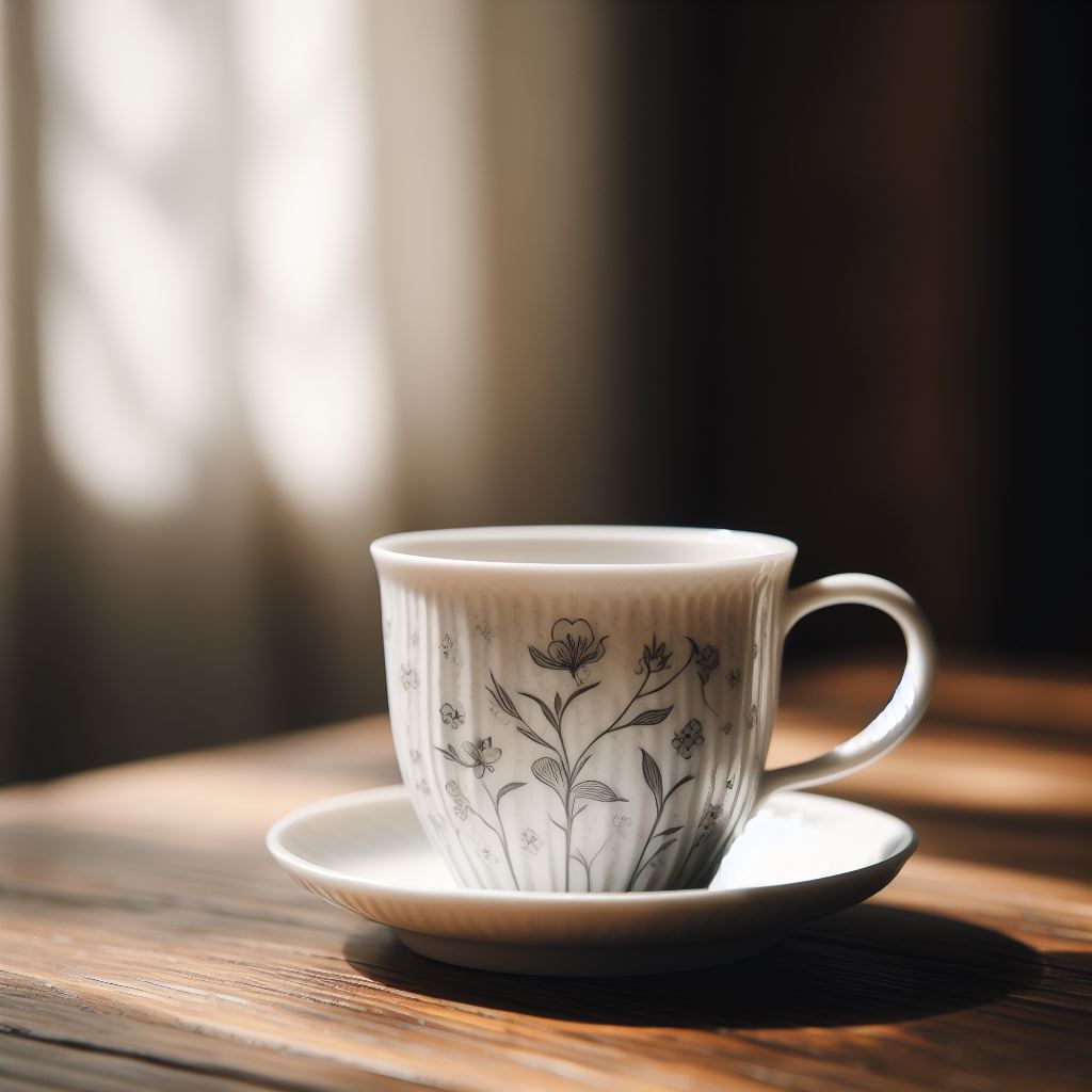 美しいコーヒーカップと綺麗な朝日の木目調のテーブル