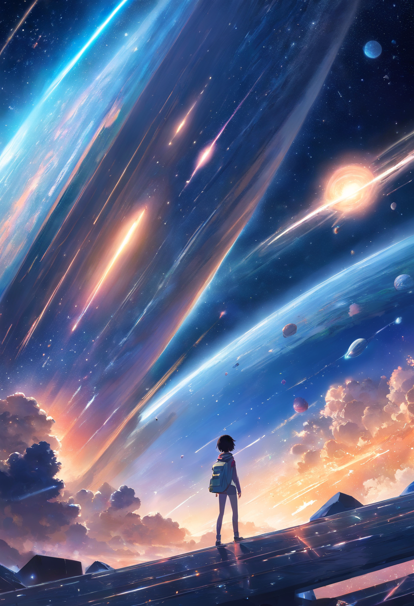 美しくかっこいい銀河の星空を見る宇宙旅行の少年のフリーイラスト＆スマホ壁紙