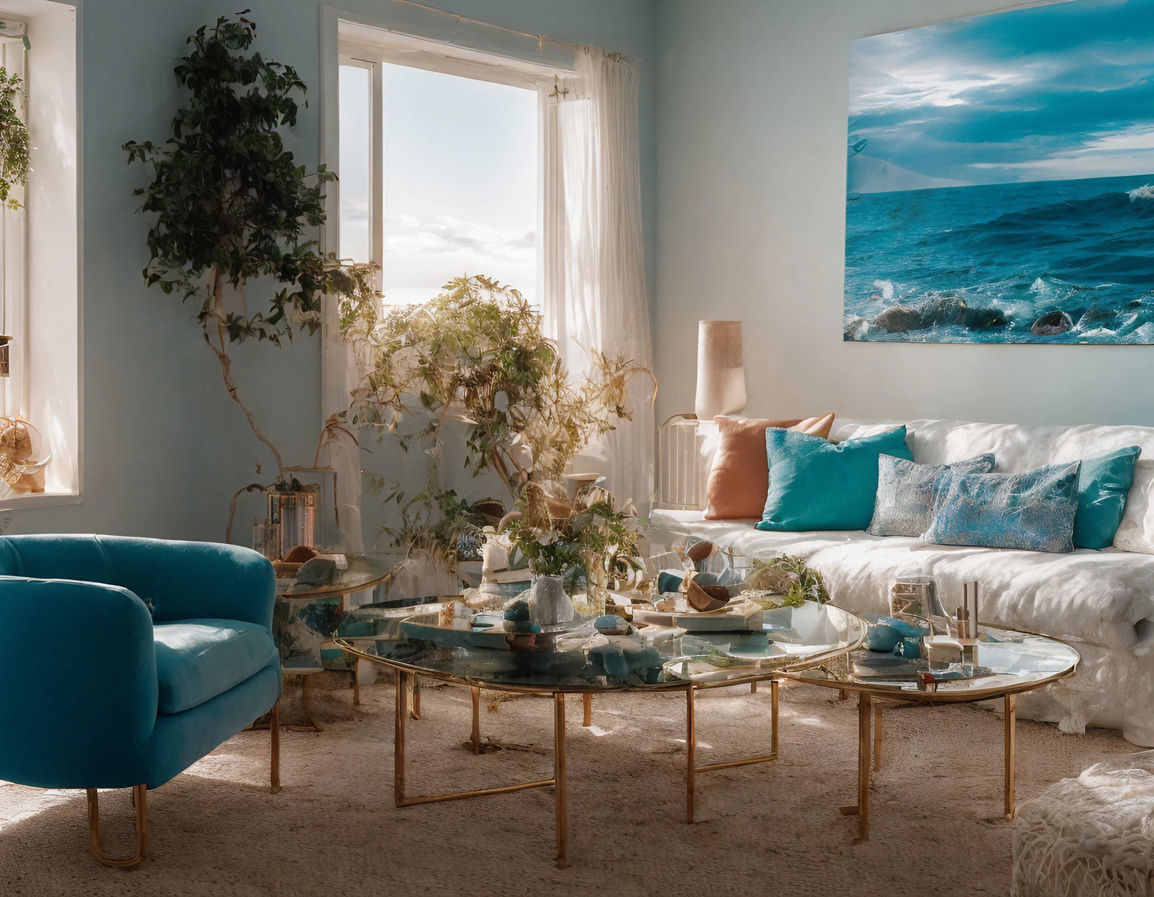 観葉植物と白い壁と青い空のソファのあるおしゃれなリビングルームのリアルな写真風無料イラスト