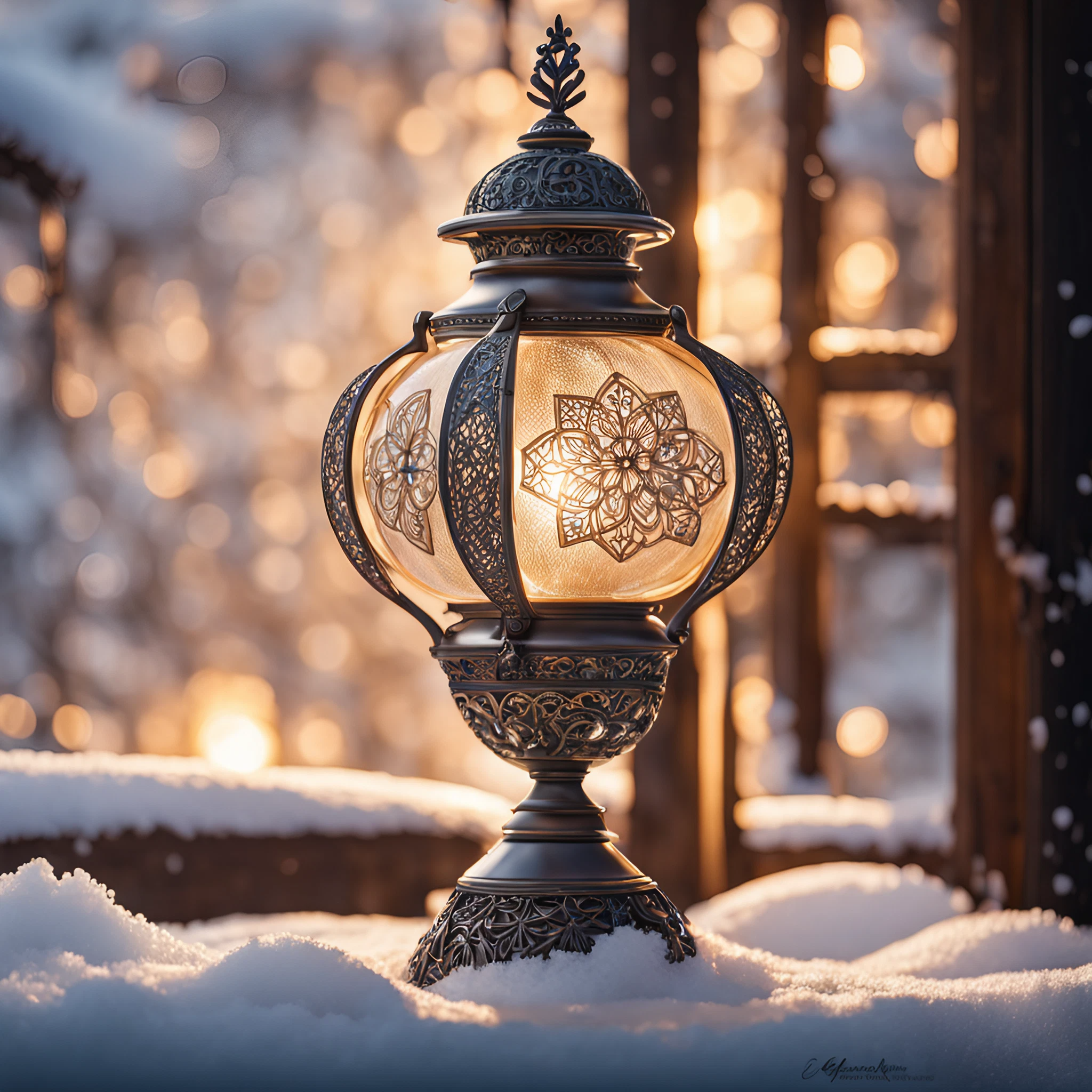 雪降る窓辺の美しいランプ＆ファンタジー風の古家の無料写真画像素材