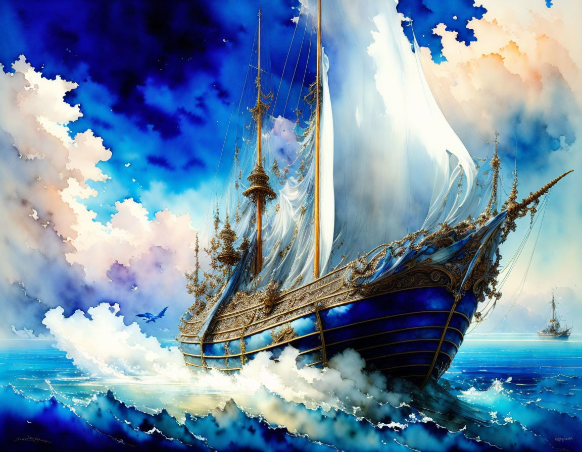 晴天と高波の海＆かっこいい船とファンタジーの帆船のリアルな水彩画