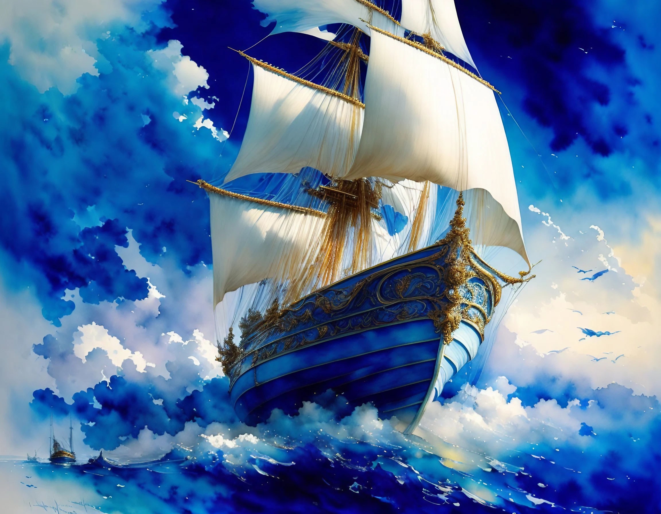 青い空と高波の海＆かっこいい船と美しい景色のリアルな水彩イラスト