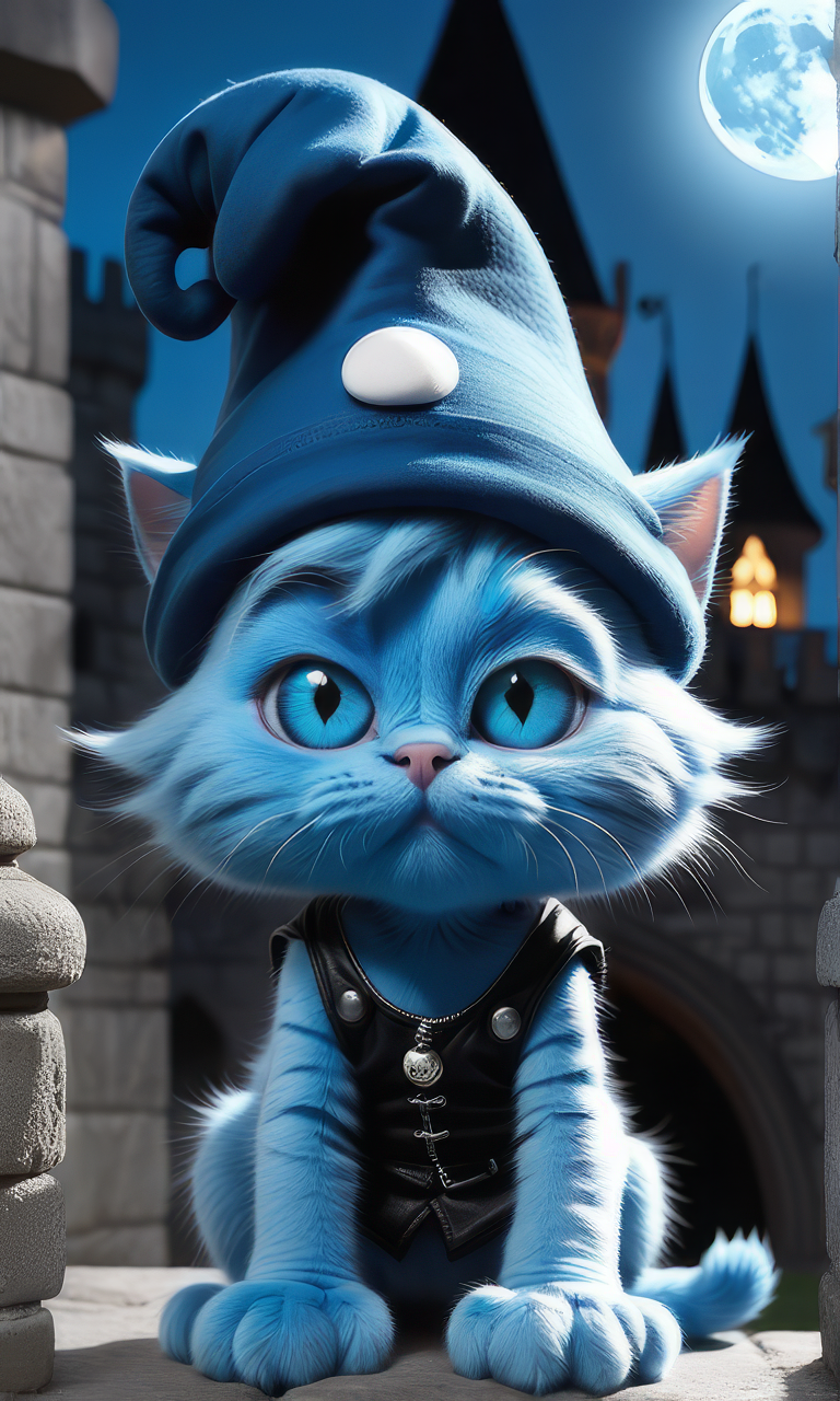 かわいいぬいぐるみ＆3D風の青い子猫とお城と満月の美しく綺麗な光景の無料スマホ壁紙とイラスト画像