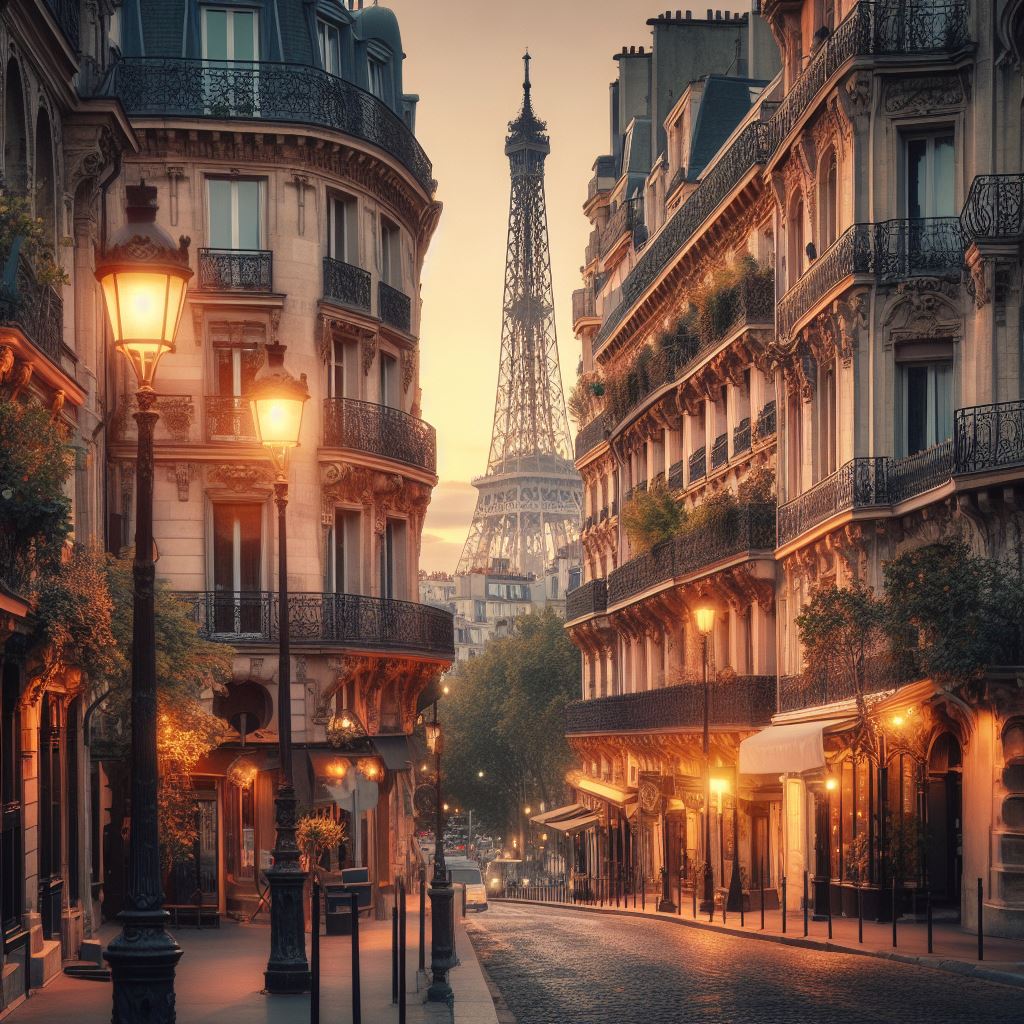 夕日のフランスの街並み＆美しいヨーロッパの街灯の景色の無料写真素材