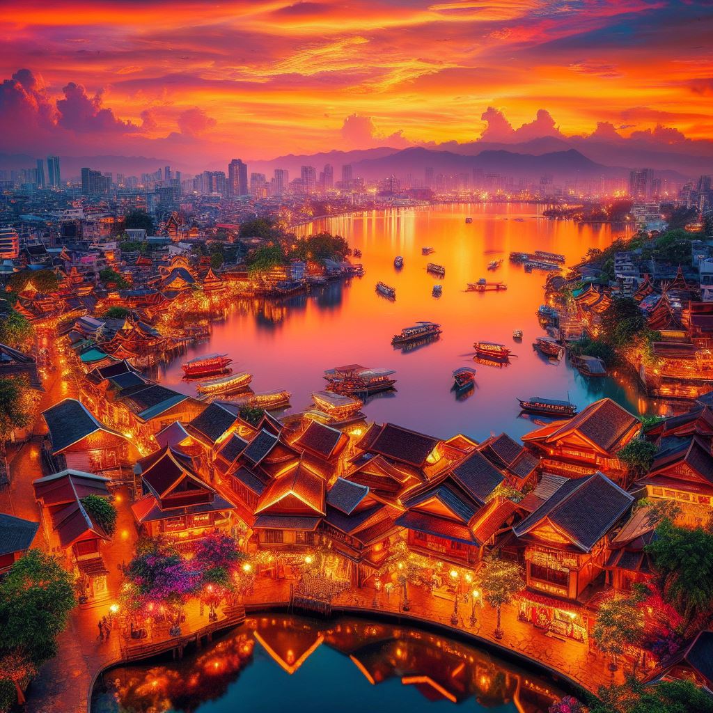 夜空に輝くタイの街と海辺の美しい観光都市の街灯のリアル風景素材