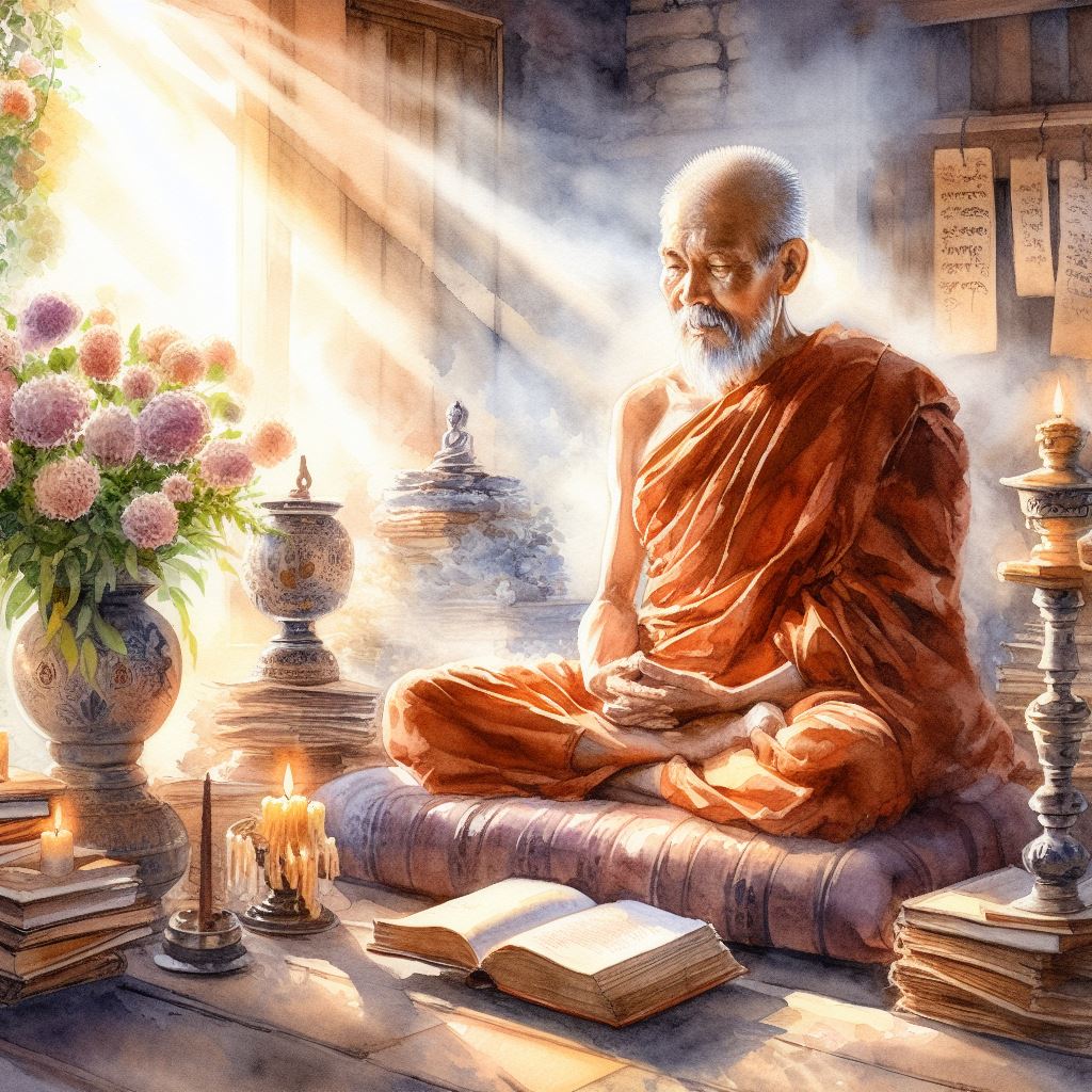 差し込む日の光と経典の前でお祈りを捧げる僧侶のフリーイラスト