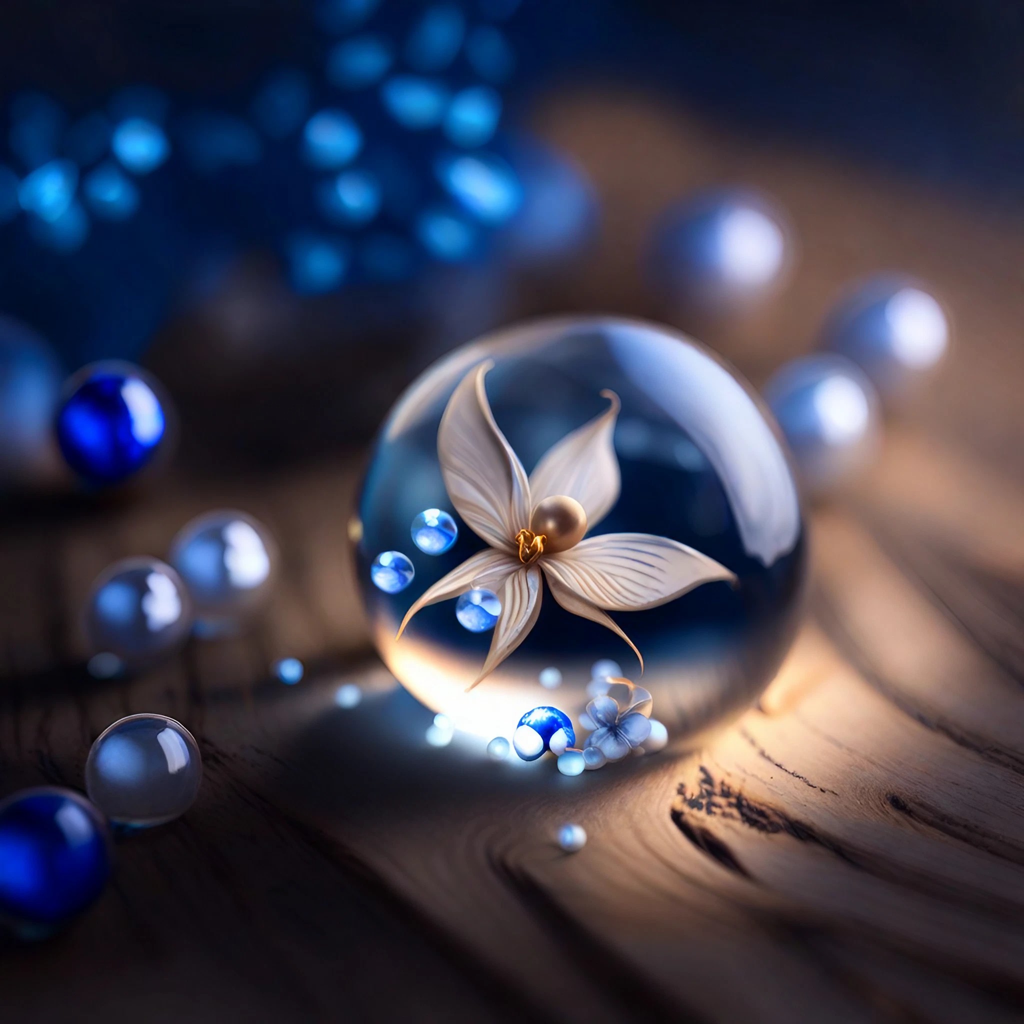 綺麗に青く煌めく水玉＆ビーズの中の白い花のリアルな写真風ファンタジーイラスト