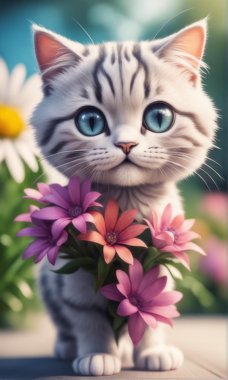かわいい青い目の白猫＆美しい花の庭とかわいい動物のフリーイラスト