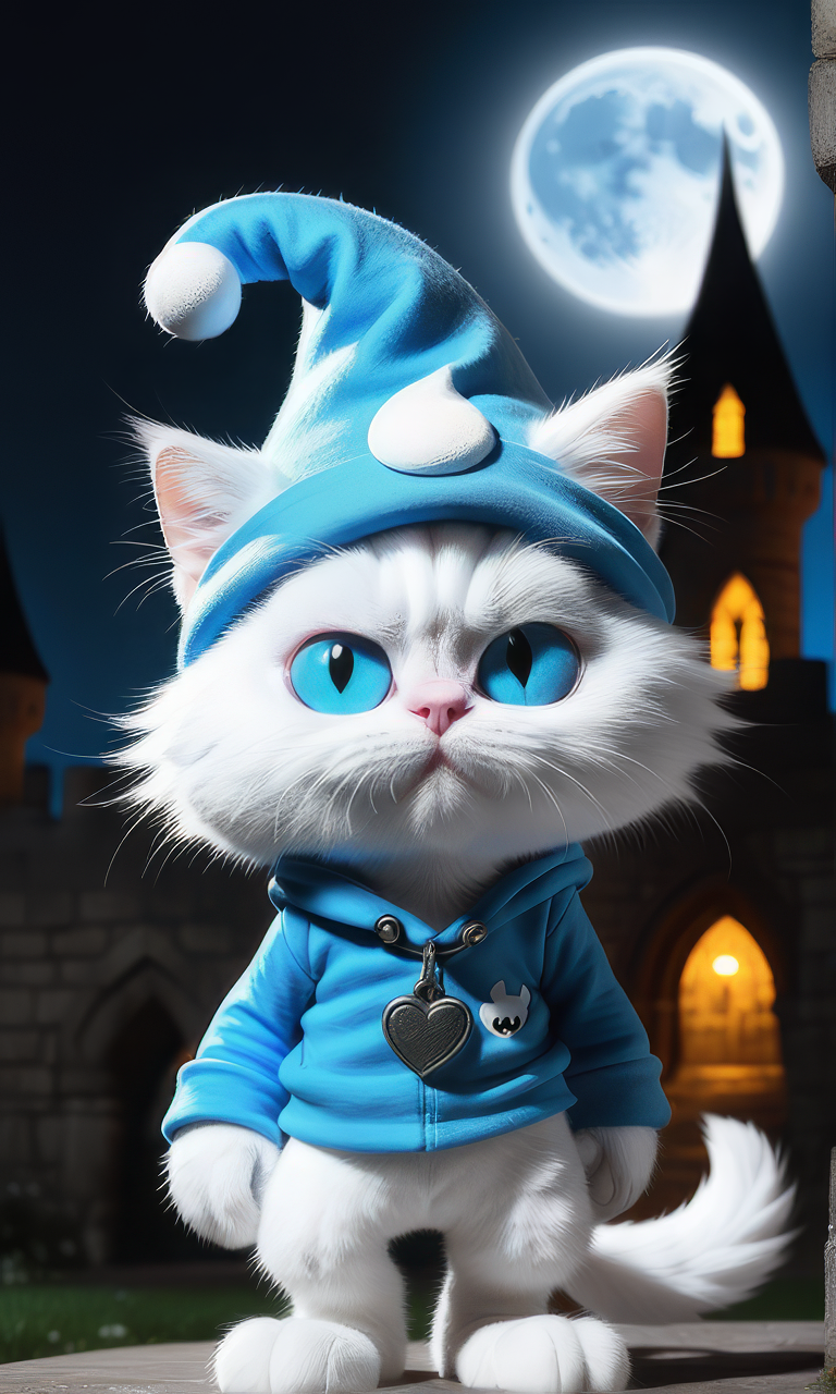 かわいい魔法ゴシック風の3Dぬいぐるみ風の青い目の猫＆真夜中のお城の無料リアル画像