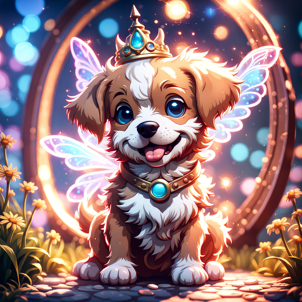 かわいい笑顔の子犬＆美しく綺麗な天使の羽のメルヘンなリアルイラストのフリー素材