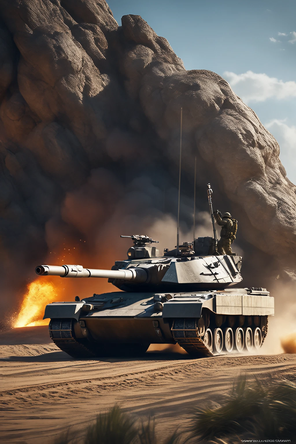 砂漠を駆け抜ける戦車と燃える炎と煙の中の戦いのリアルなフリーイラスト