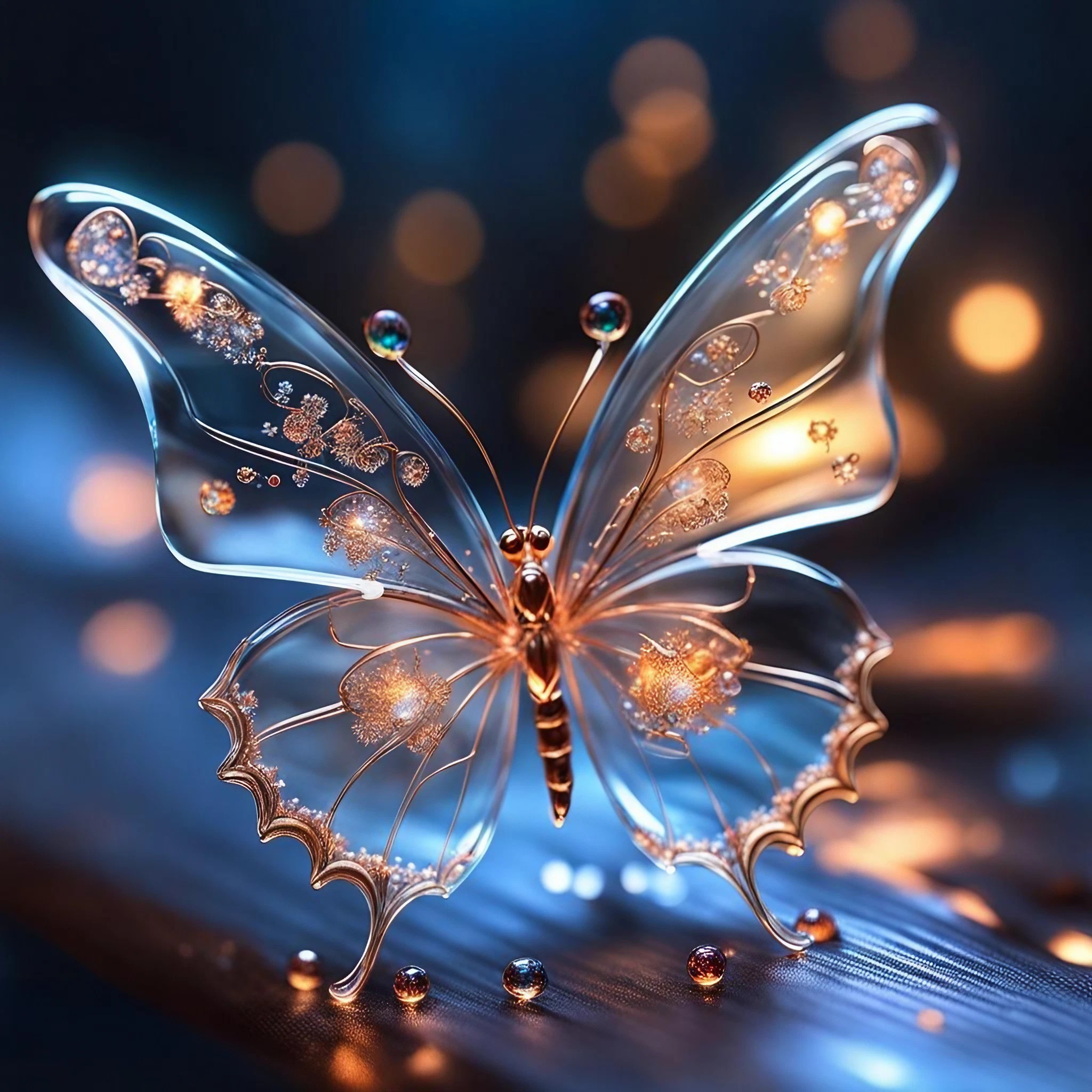 美しいガラスの蝶＆かっこよく幻想的に光る宝石のような火の粉と炎の明かりのフリーイラスト画像