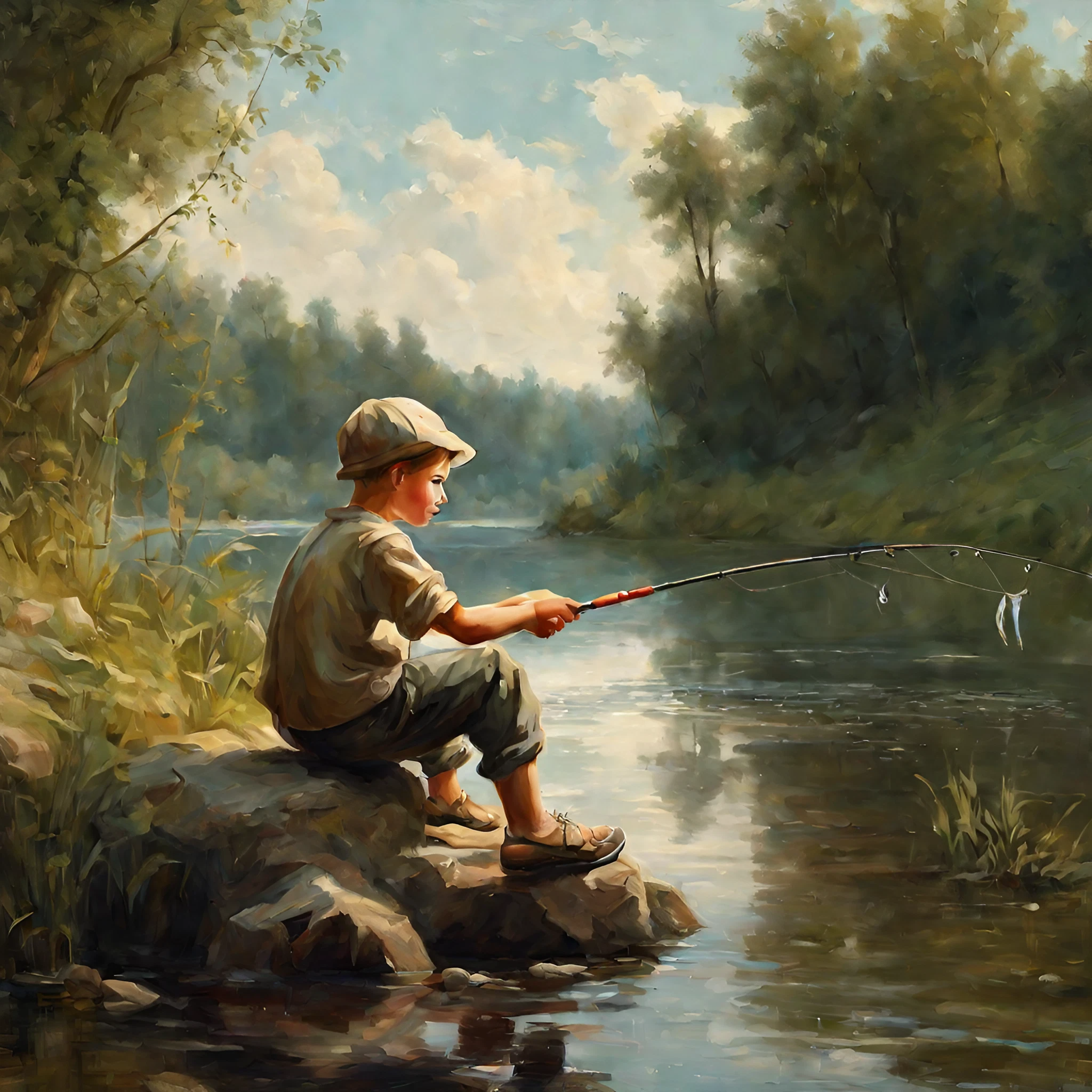 美しい山と川の自然の中で釣りをする少年とヨーロッパの田舎の無料油絵風イラスト